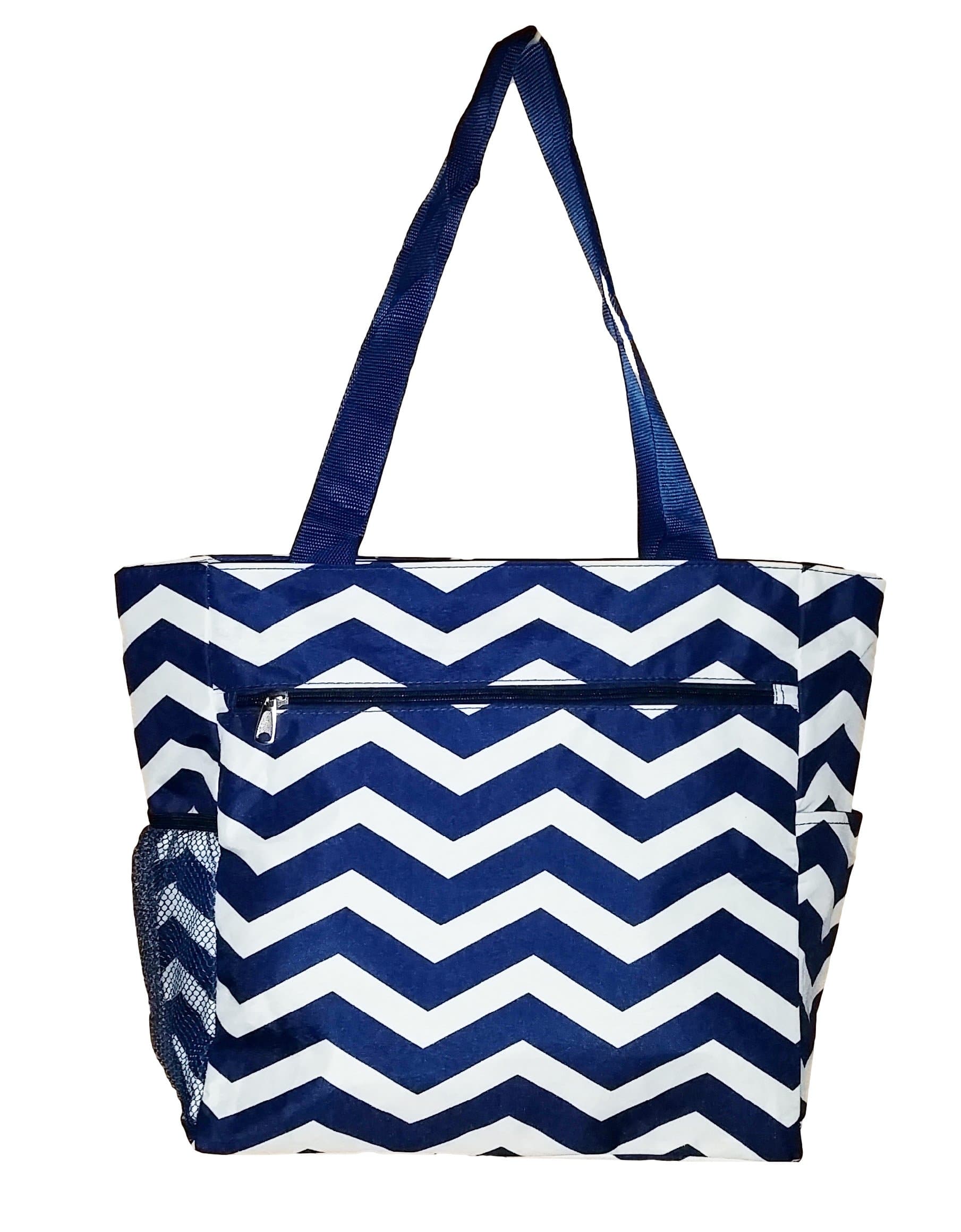 Large Zip Top Organizing Tote with Multiple Pockets (Navy White Chevron)