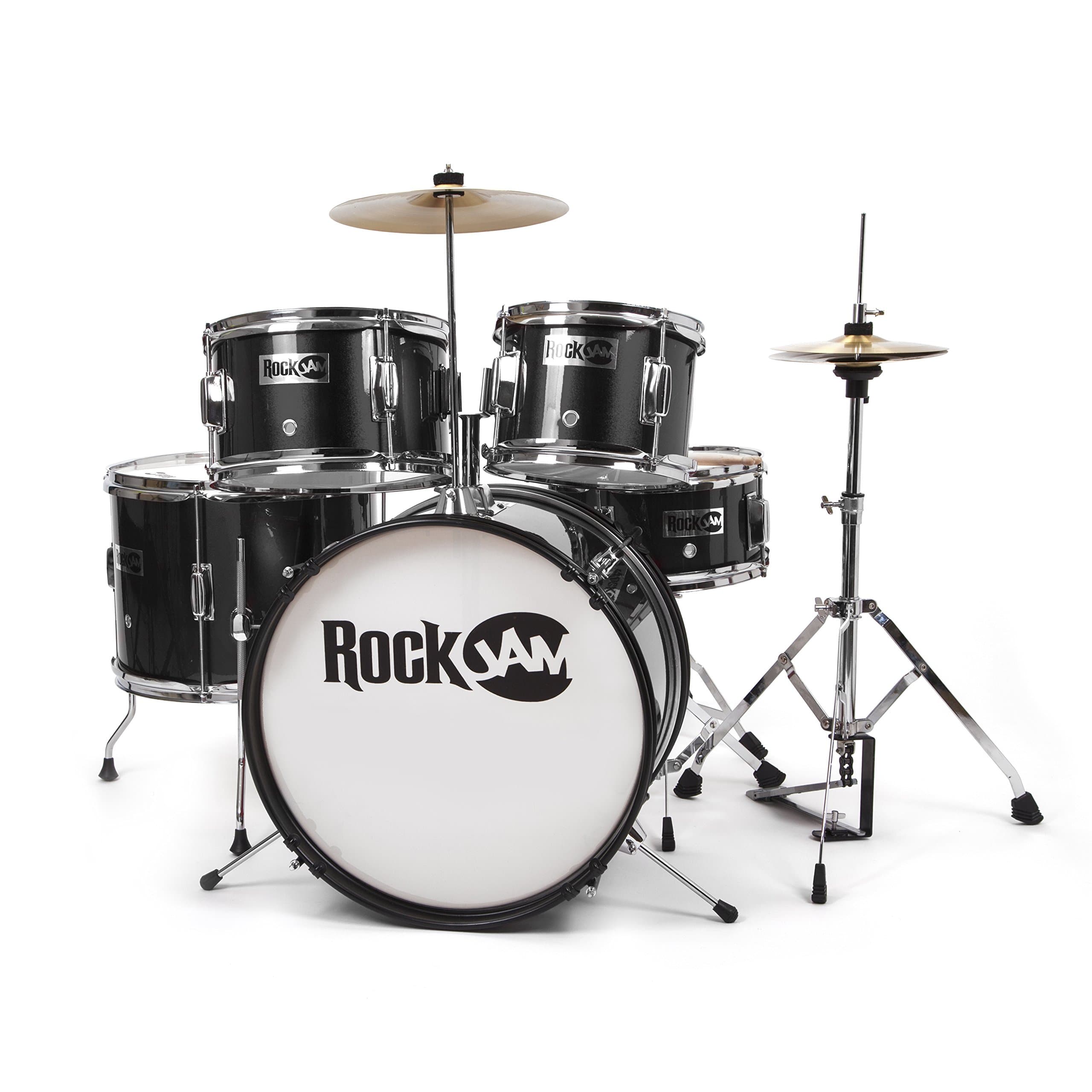 Complete 5-Piece Junior Drum Set with Cymbals, Drumsticks, Adjustable Throne and Accessories - Black
