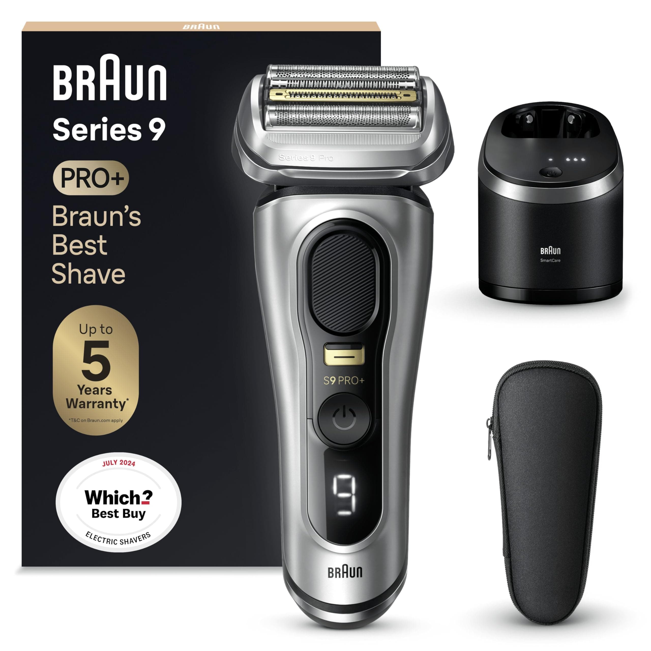 Series 9 PRO+ Electric Shaver for Men, 5 Pro Shave Elements & Precision Long Hair ProTrimmer, SmartCare Center, Wet & Dry Electric Razor with 60min Runtime, Made in Germany, 9467cc, Silver