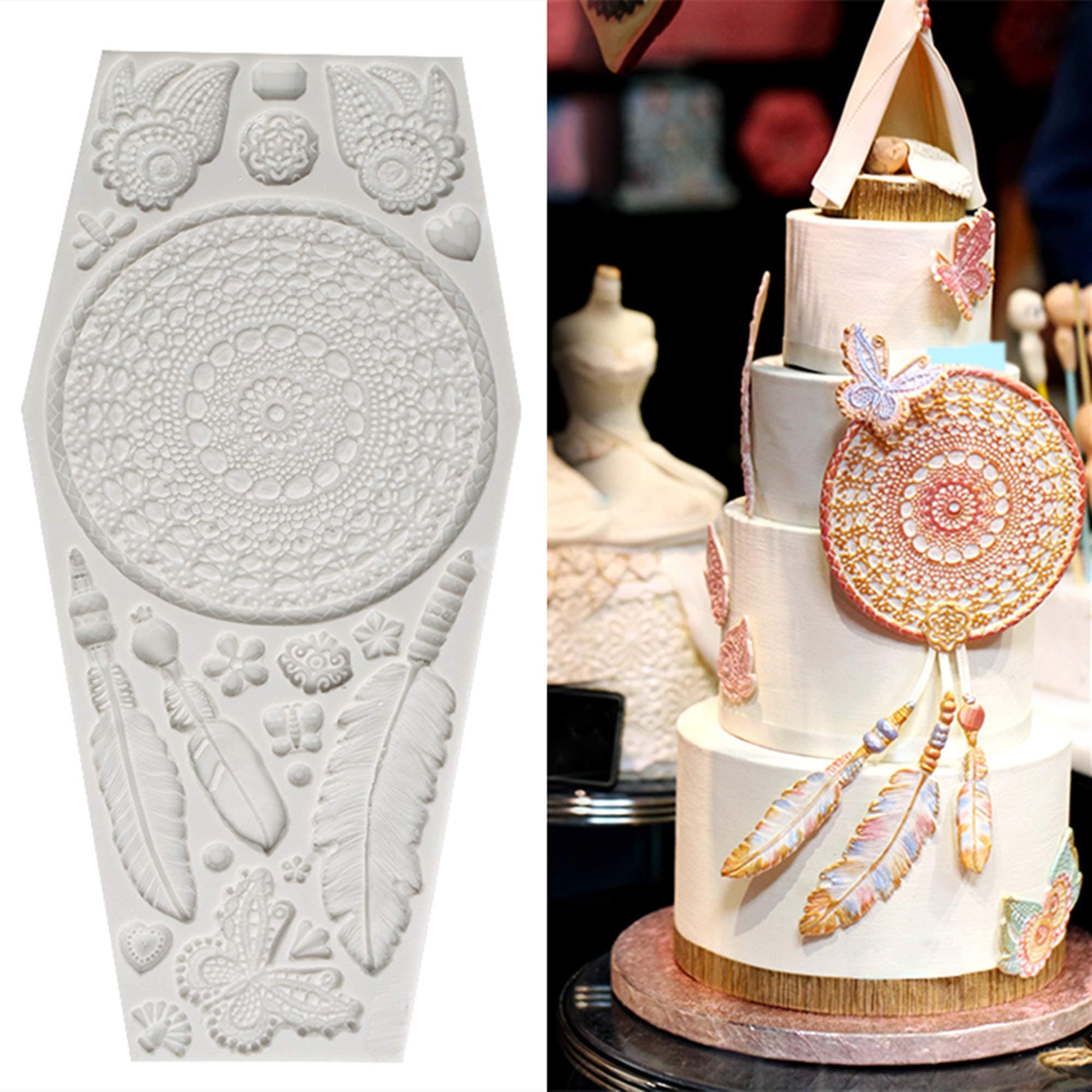 Wootkey Dream Catcher Butterfly Fondant Silicone Mold for Sugarcraft, Cake Border Decoration, Cupcake Topper, Polymer Clay, Crafting Moulds