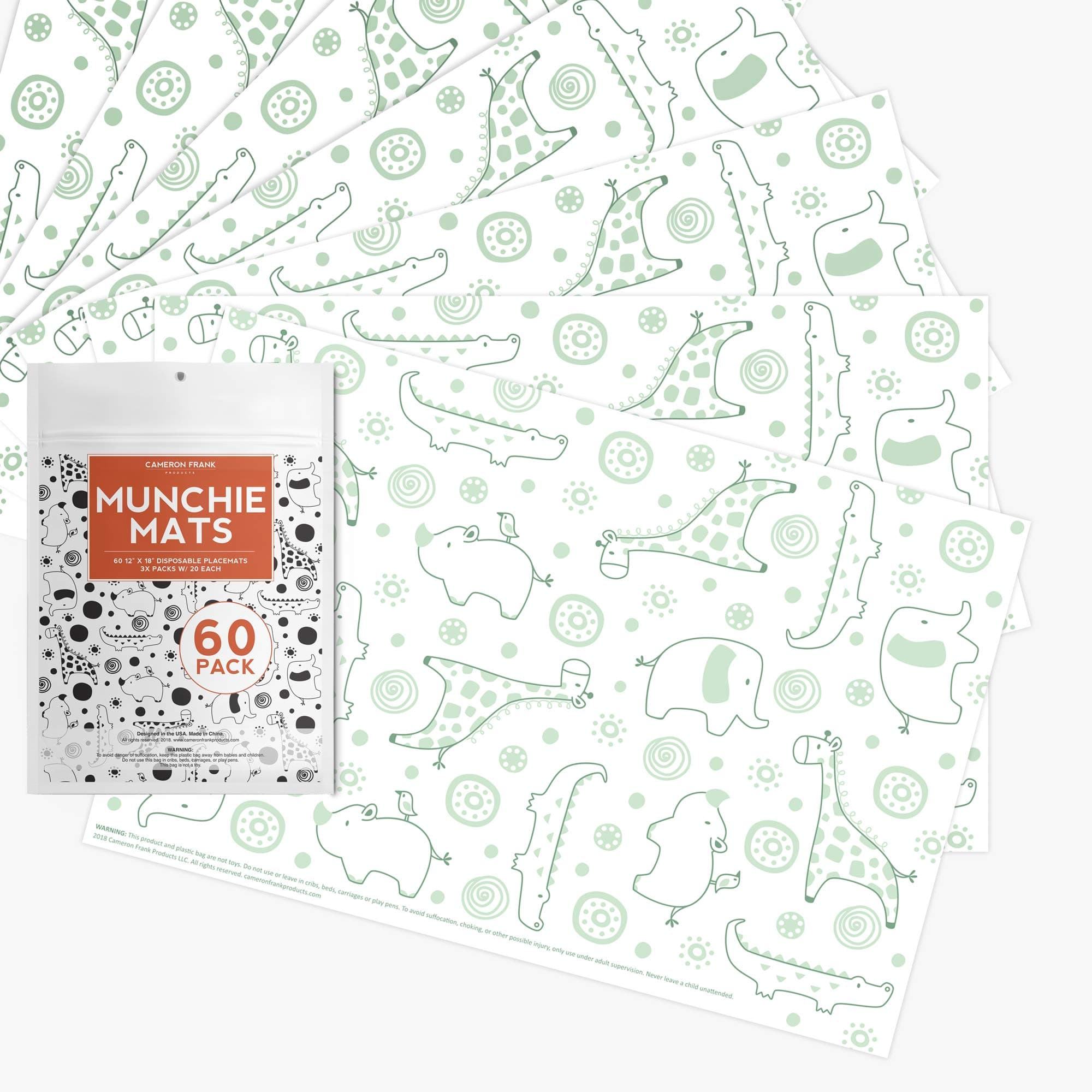 Cameron Frank Products 60 Disposable Placemats for Baby and Toddler, Instant Table Topper, Food Placemat with Animals, Plastic Adhesive Mat Safe for Feeding Children (60 Pack)