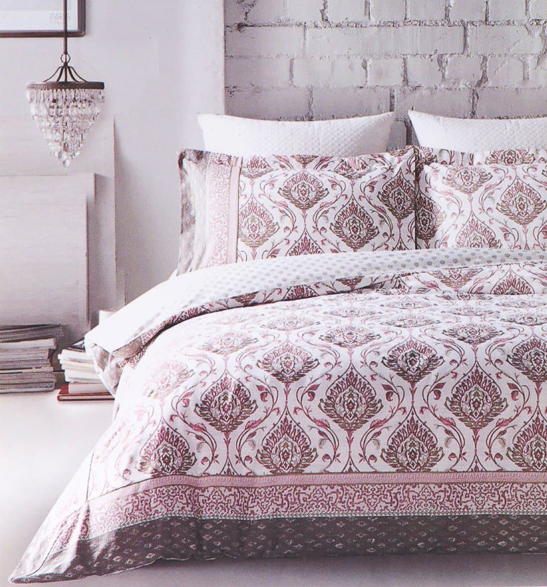 Ethnic Bohemian Tapestry Duvet Cover Oriental Boho Chic Style Reversible Bedding 3pc Set 100-percent Cotton Linen Texture Artsy Hippie Ornate Scroll Print in Burgundy Rose Gold Cream (King)