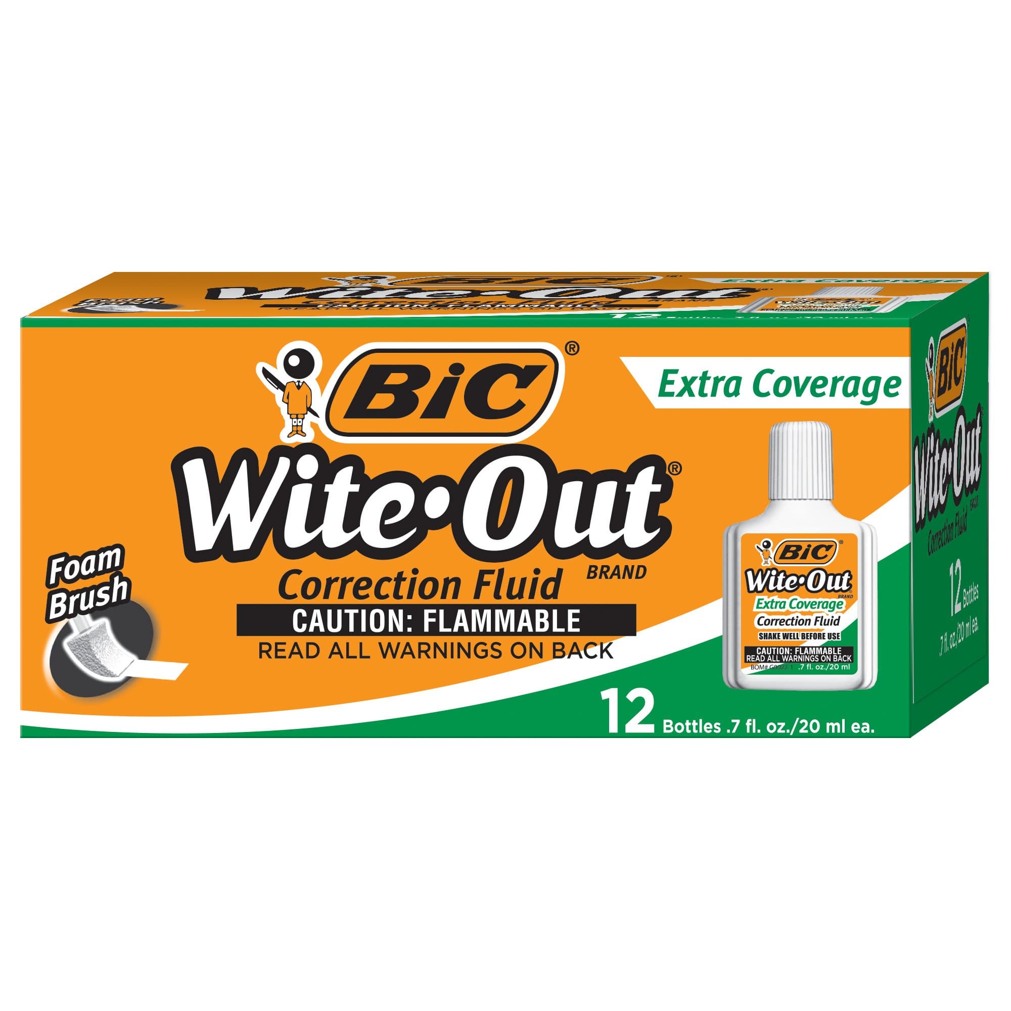 BIC Wite-Out Brand Extra Coverage Correction Fluid, 20 ml, White, 12-Count
