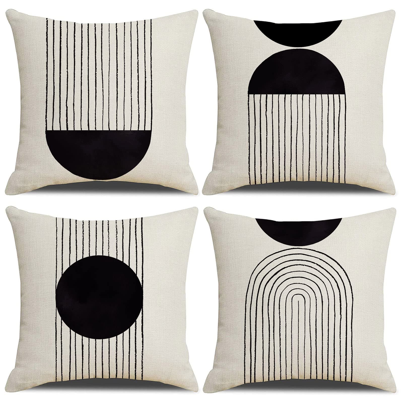 Boho Pillow Covers 18x18 Set of 4, Mid Century Modern Arch Sun Decor Cotton Linen Throw Pillow Cover Decorative Boho Cushion Cover with Zipper, Black and White