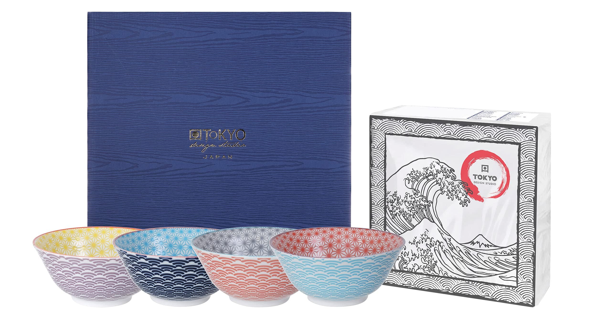 TOKYO design studio Star Wave set of 4 coloured bowls, Ø 15 cm, approx. 500 ml, Asian porcelain, Japanese design with coloured patterns, incl. gift packaging