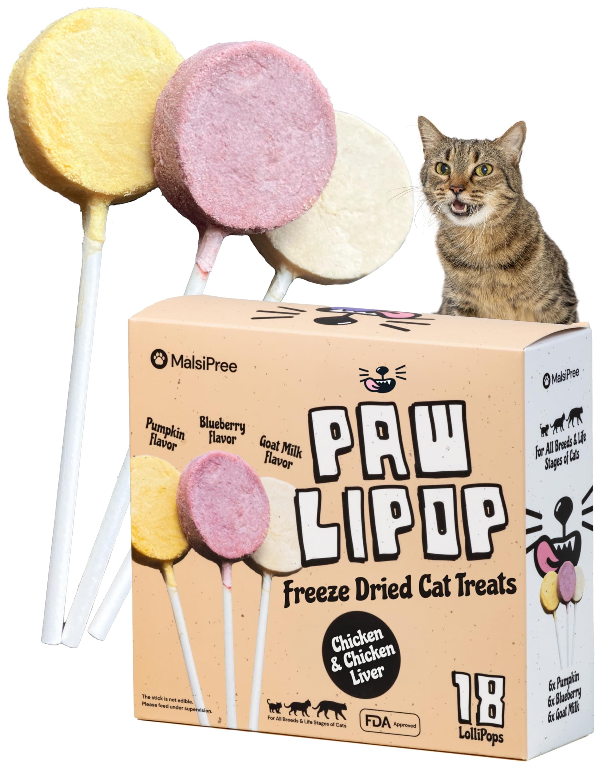 Cat Lollipop Treats - Interactive Cat Toy & Freeze Dried Cat Treats - Fun Suckers & Pops - Healthy Cat Birthday Treats, Cake Alternative & Snack - Food Toppers Chicken & Pumpkin, 18 Pack