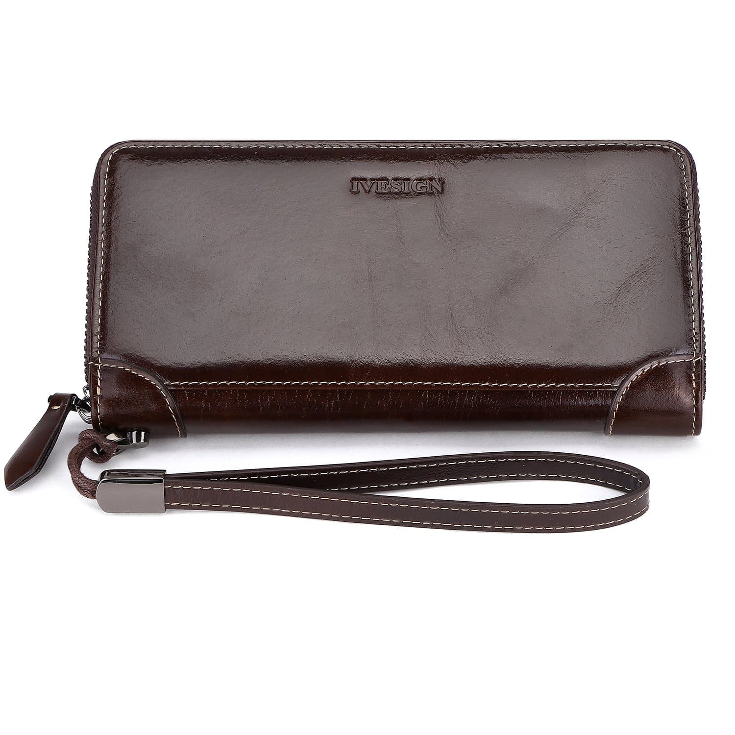 IVESIGN Womens Genuine Leather Wristlet Zipper Clutch Wallet RFID Blocking Credit Card Phone Holder Hand Purse Large Capacity