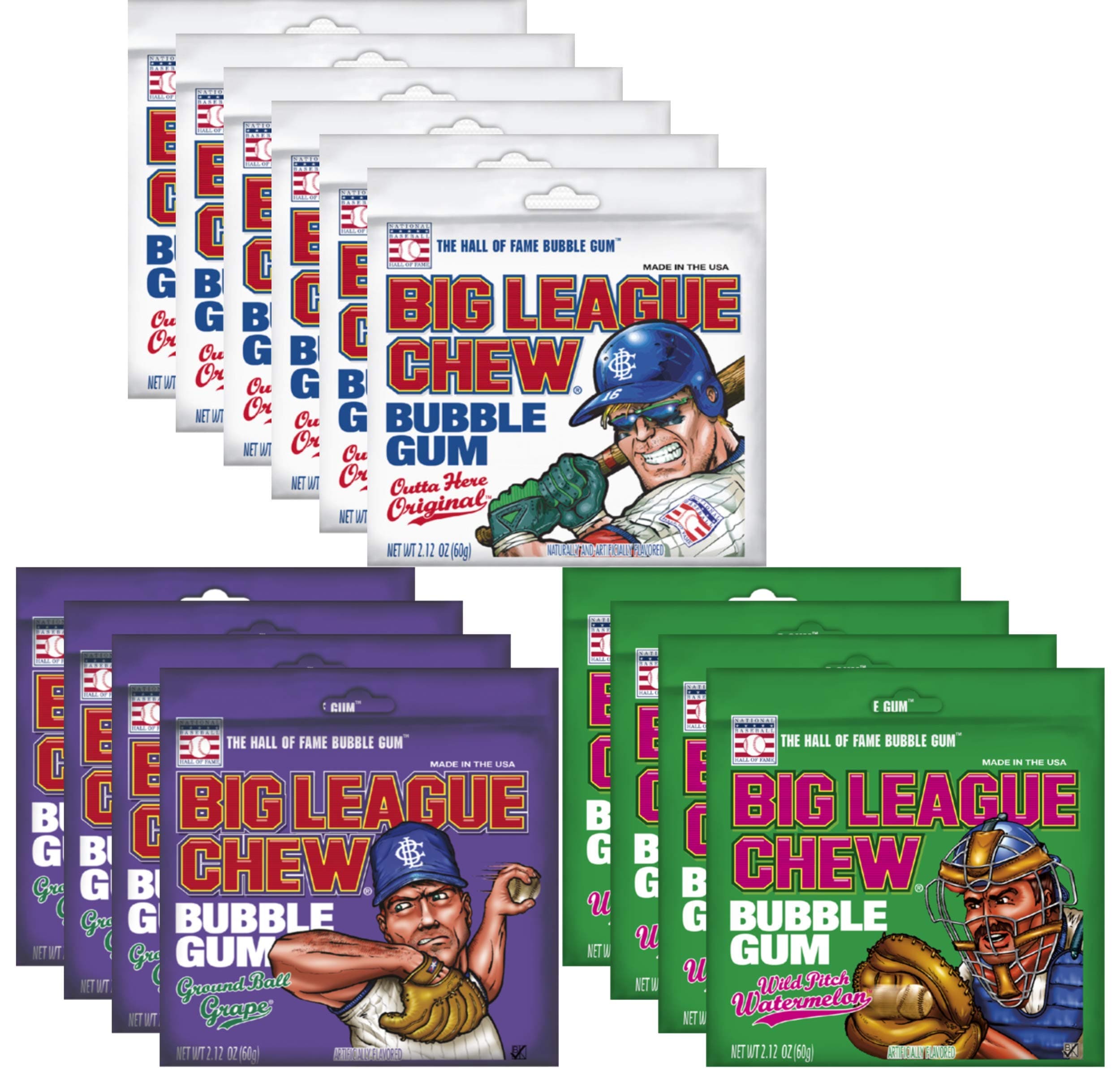 Big League Chew Bubble Gum Variety 14 Pack - Great Flavors with ORIGINAL (6) GRAPE (4), AND WATERMELON (4) (14 Pouches Ultimate Team Pack)