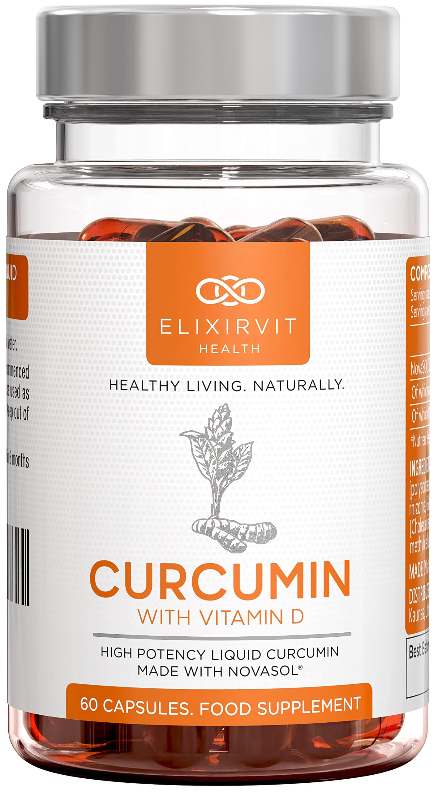 Liquid Curcumin with Vitamin D – 185x More Bioavailable Than Typical Turmeric/Curcumin Supplements – Advanced Turmeric Extract with NovaSOL – 60 High Strength Capsules