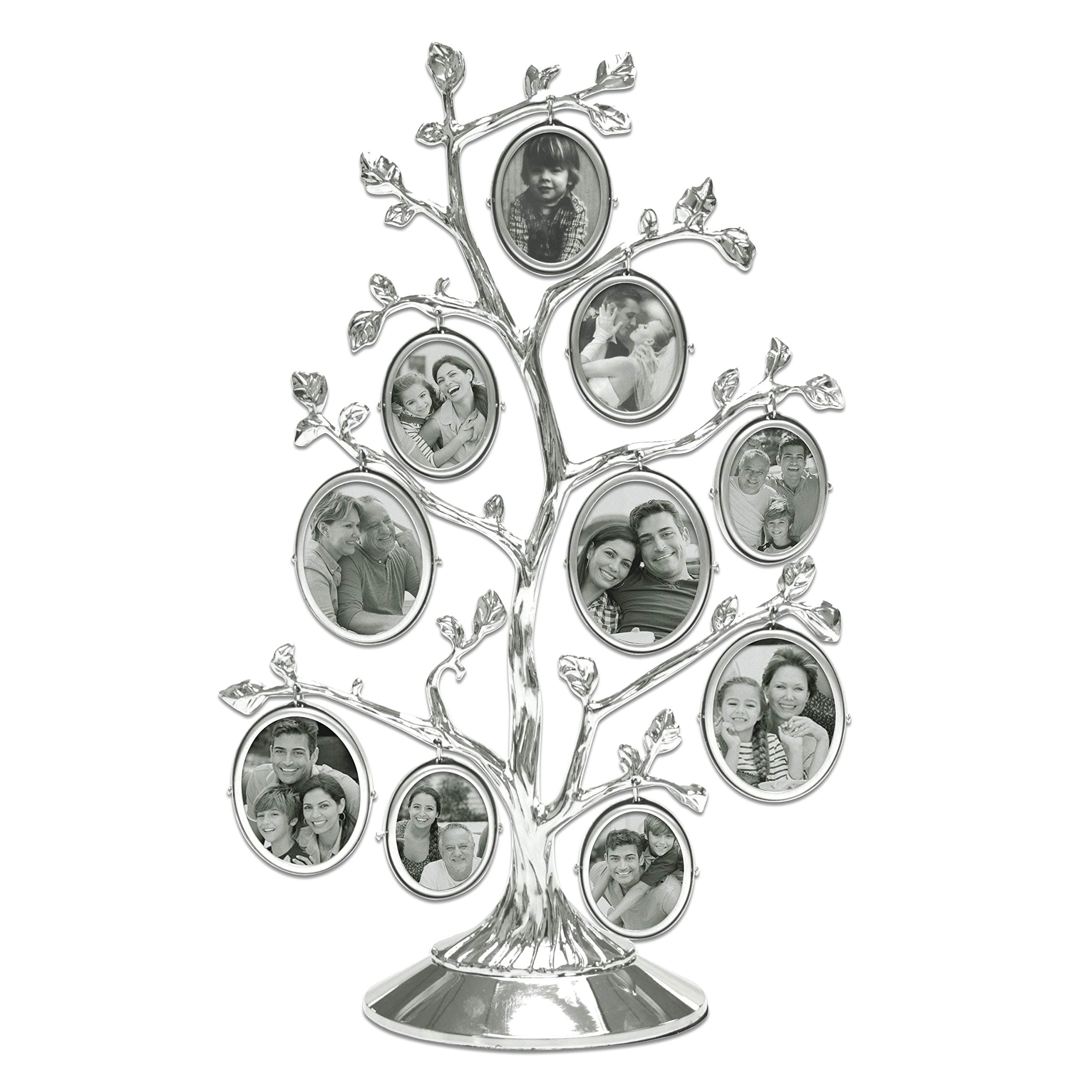Mimosa Moments Silver Family Tree Picture Frame Stand with 10 Hanging Photo Picture Frames - Medium Metal Tree 6.8 X 10 - Holds 10 2-Sided Ornamental Frames