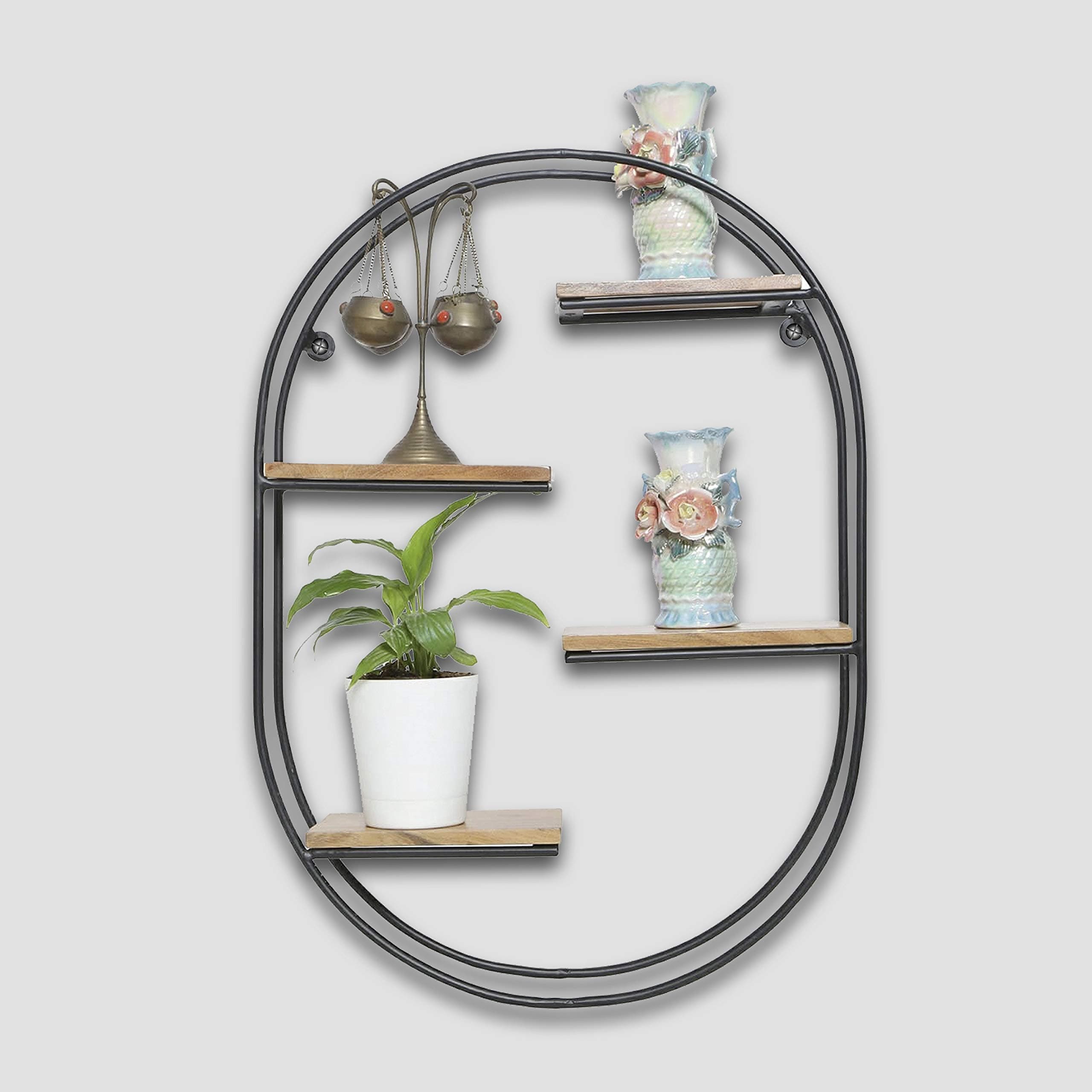 Craftarea Floating Iron Shelf, 4 Tier Wooden Wall Mount Decorative Shelf (Acacia Wood, 24x17 inches)