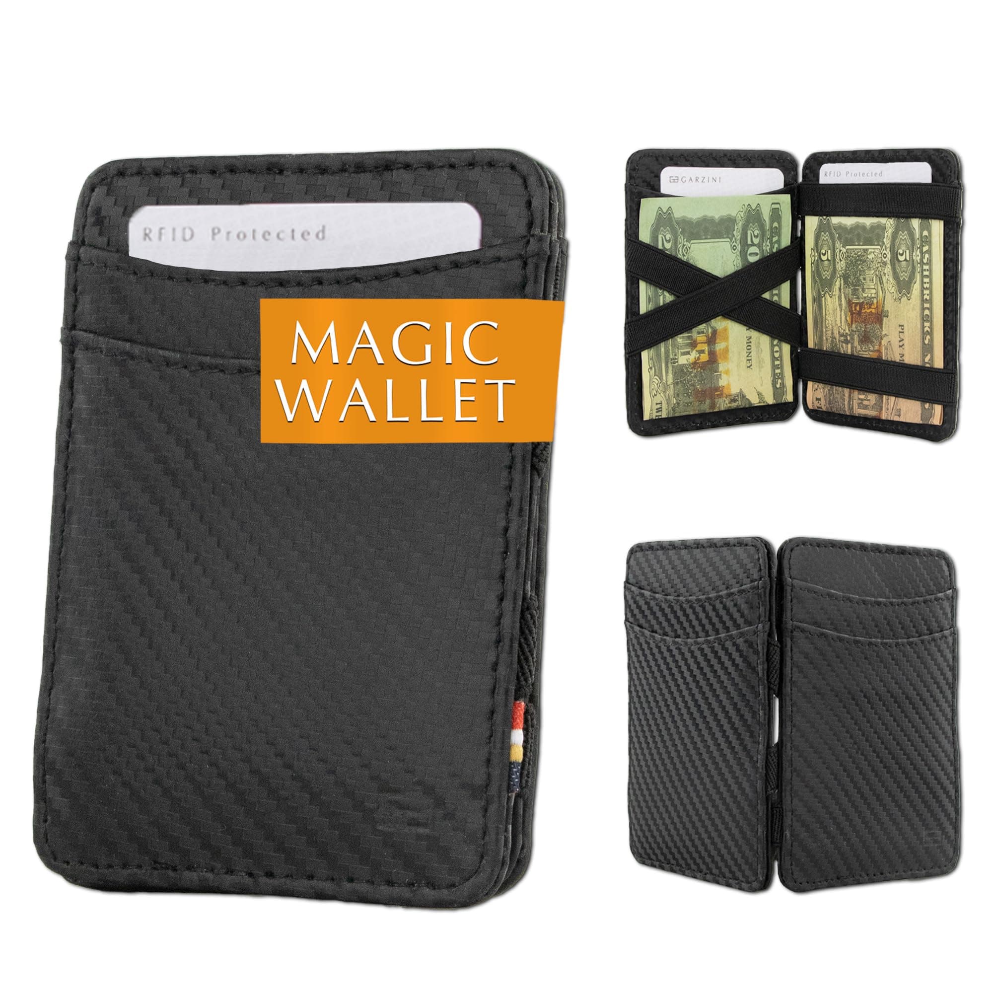 GARZINI Men's Slim Leather Magic Wallet with RFID Protection, Money Wallet with Space for 8 Cards, Koolzwart, Einheitsgröße, rfid wallet