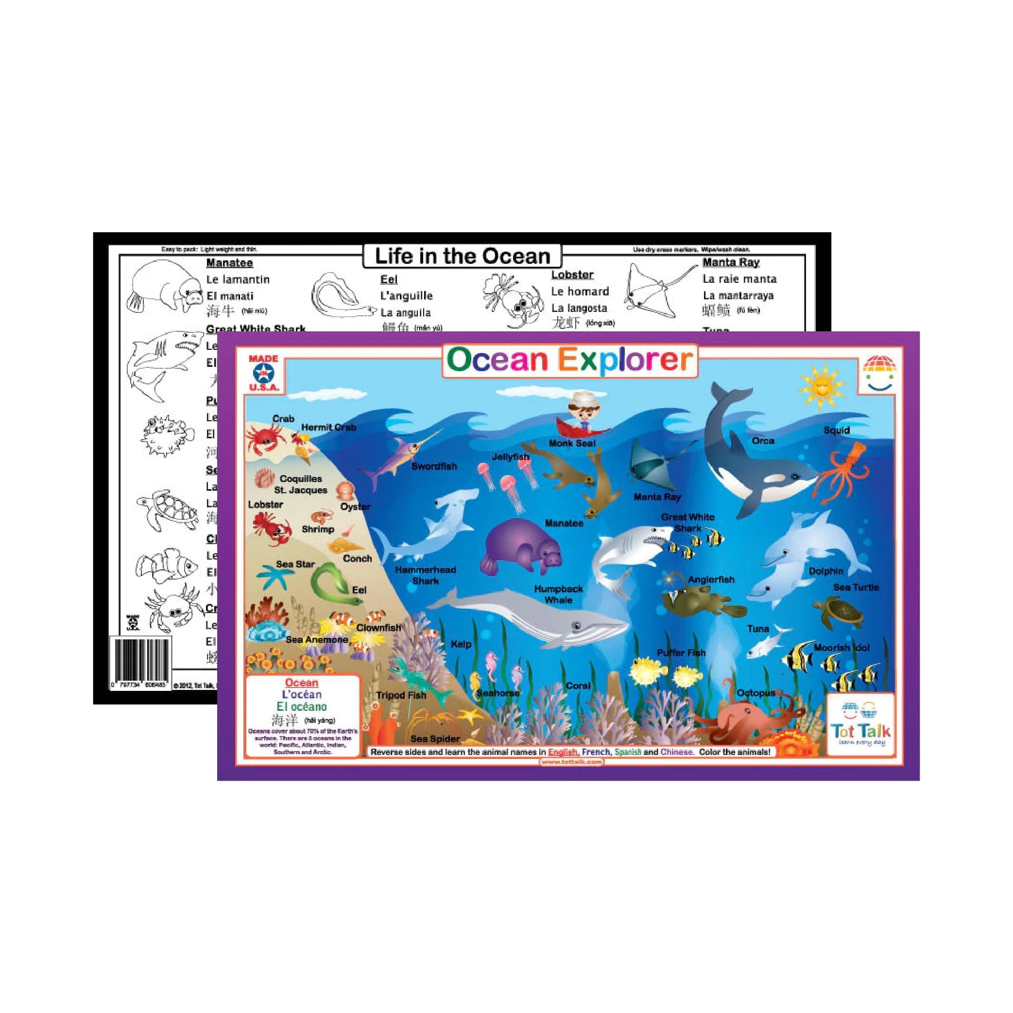 Learn Sea Creatures Names in English, Spanish, Chinese, & French– Ocean Kids' Educational Placemat – Made in USA - Color in Animals on Reverse Side – Waterproof, Washable – By Tot Talk – 11.5” x 17.5”