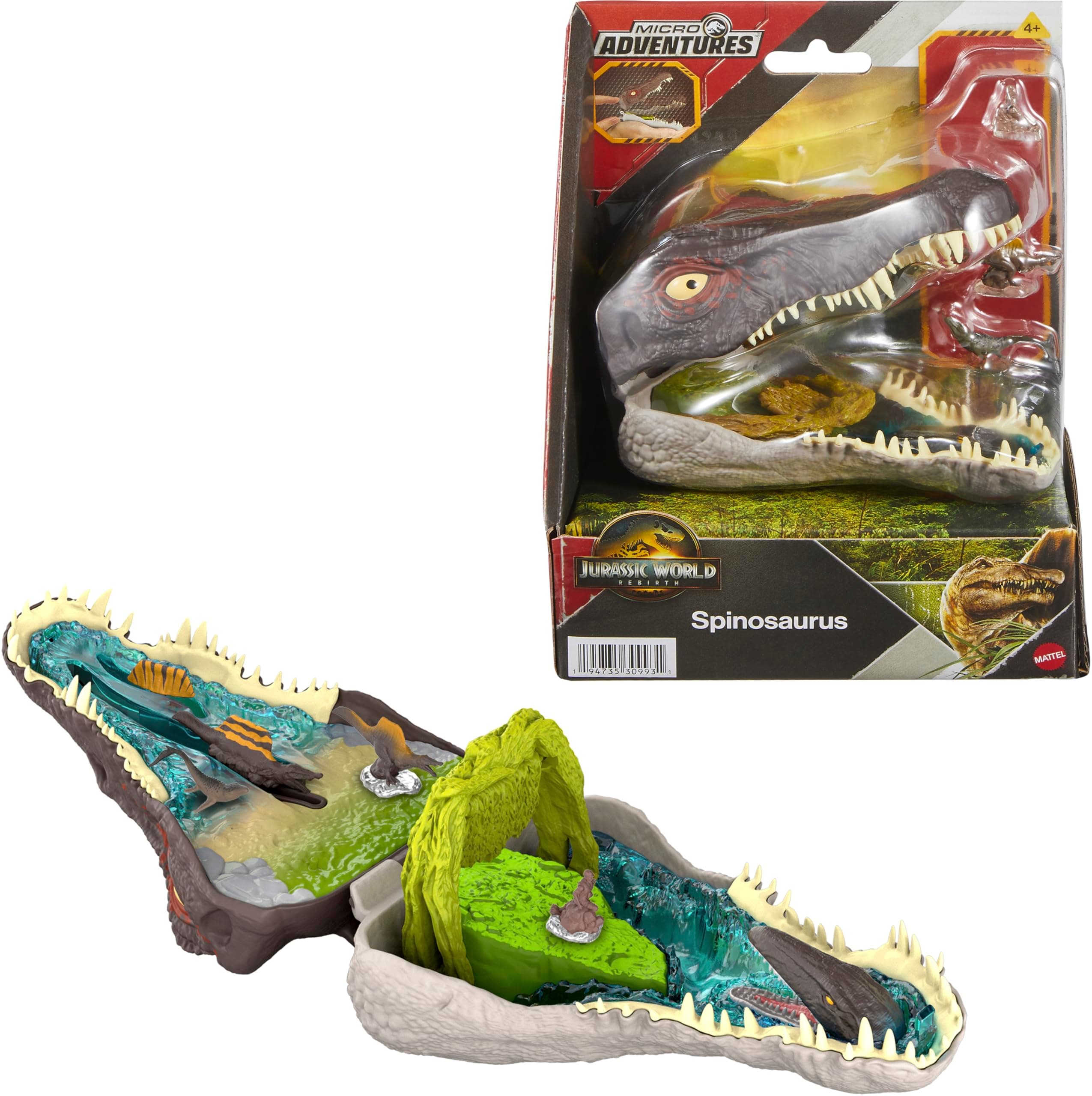 Mattel Jurassic World Rebirth Micro Adventure Playset, Spinosaurus Head Opens to 4 Interactive Features, 3 Micro Figures, Dinosaur Toy, JGB98