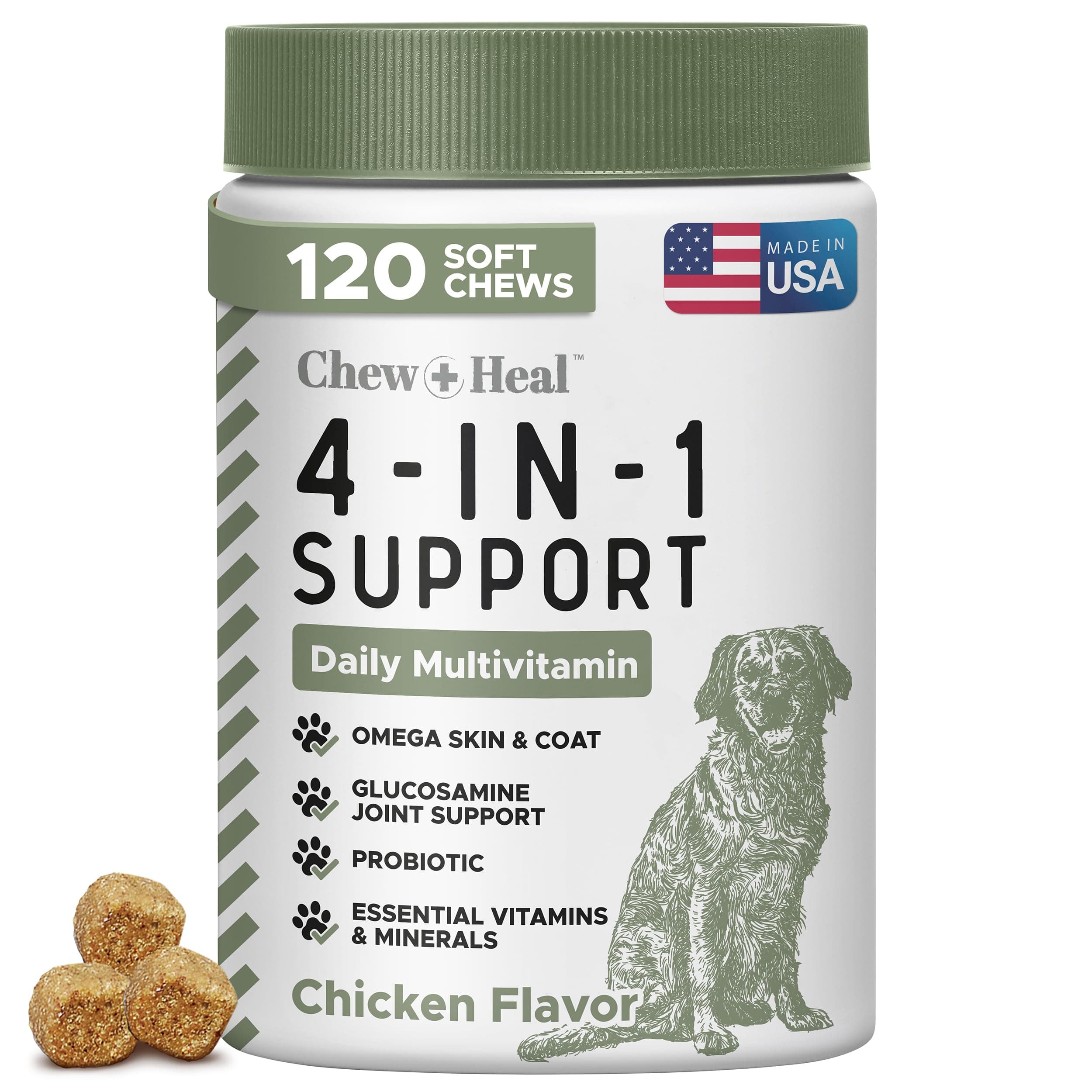 All in 1 Dog Vitamins and Supplements, 120 Soft Chew Multivitamins with Glucosamine, Probiotics, Omega Fish Oil -for Skin, Coat, Hip, Joint & Gut Health -Senior, Puppy, Large & Small Dogs
