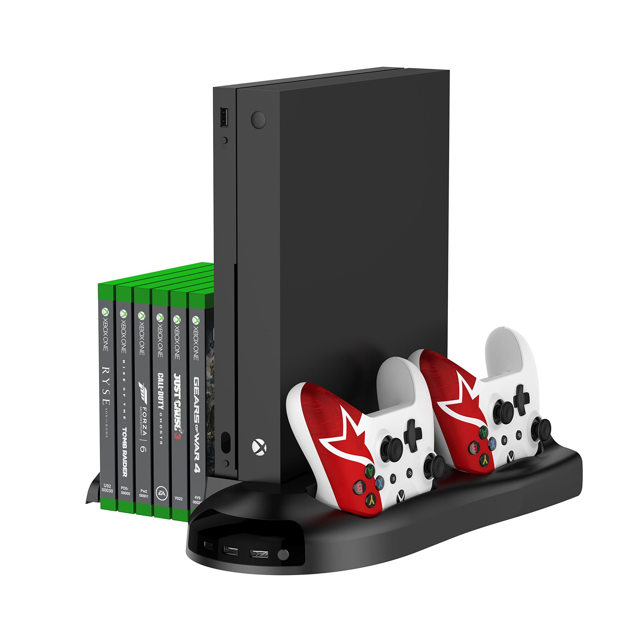 Yotenic Xbox One X Vertical Stand, Controller Charger Vertical Stand with Cooling Fan, Game Discs Storage and 3 USB Port Charging Station for Xbox One X(5-IN-1)