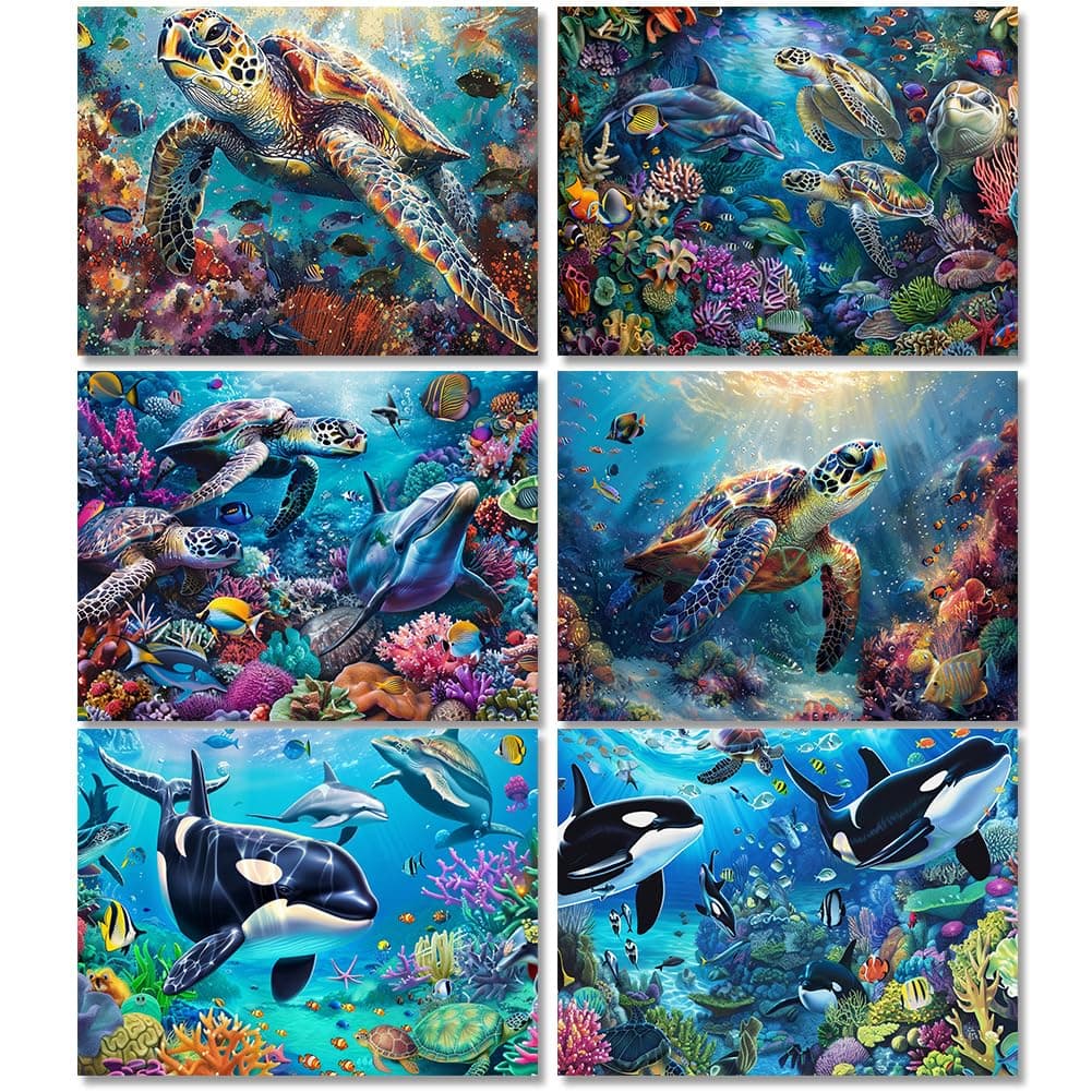 DOTSOPS Diamond Painting Kits Art Adults Painting Kit Crafts DIY 5D Diamond Art Packs Kits Full for Adults Beginner Home Wall Decoration Gift 11.8x15.7 Inches (6 Pack Turtle Dolphin)