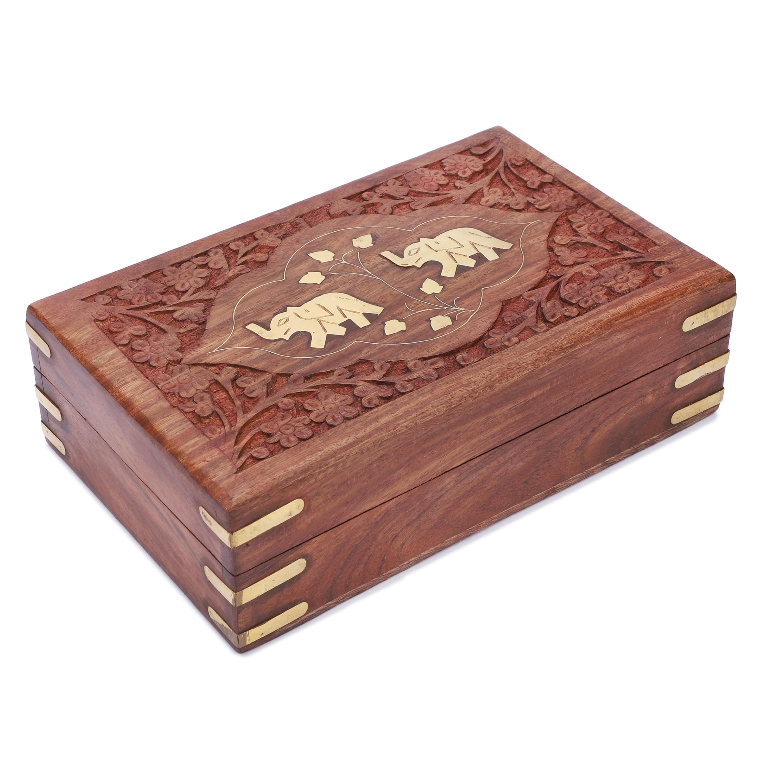 Ajuny Handcrafted Wooden Jewelry Box Elephant Design Solid Multipurpose Keepsake Storage Travel Organizer Treasure Chest Vintage Decorative Trinket Holder Gifts 8x5 Inch