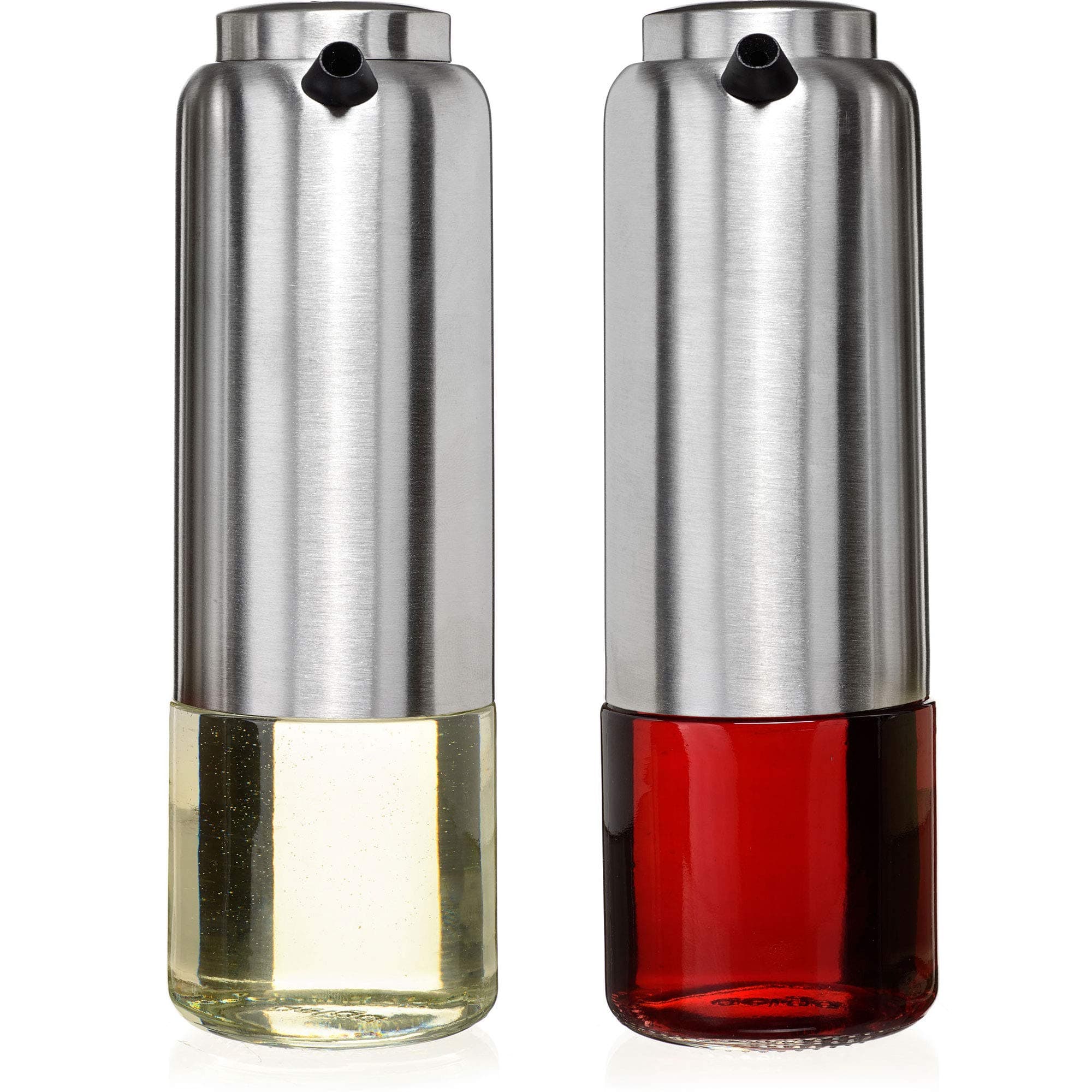 Olive Oil and Vinegar Cruet Dispenser Set with Elegant Glass Bottle and Drip Free Design - Stainless Steel