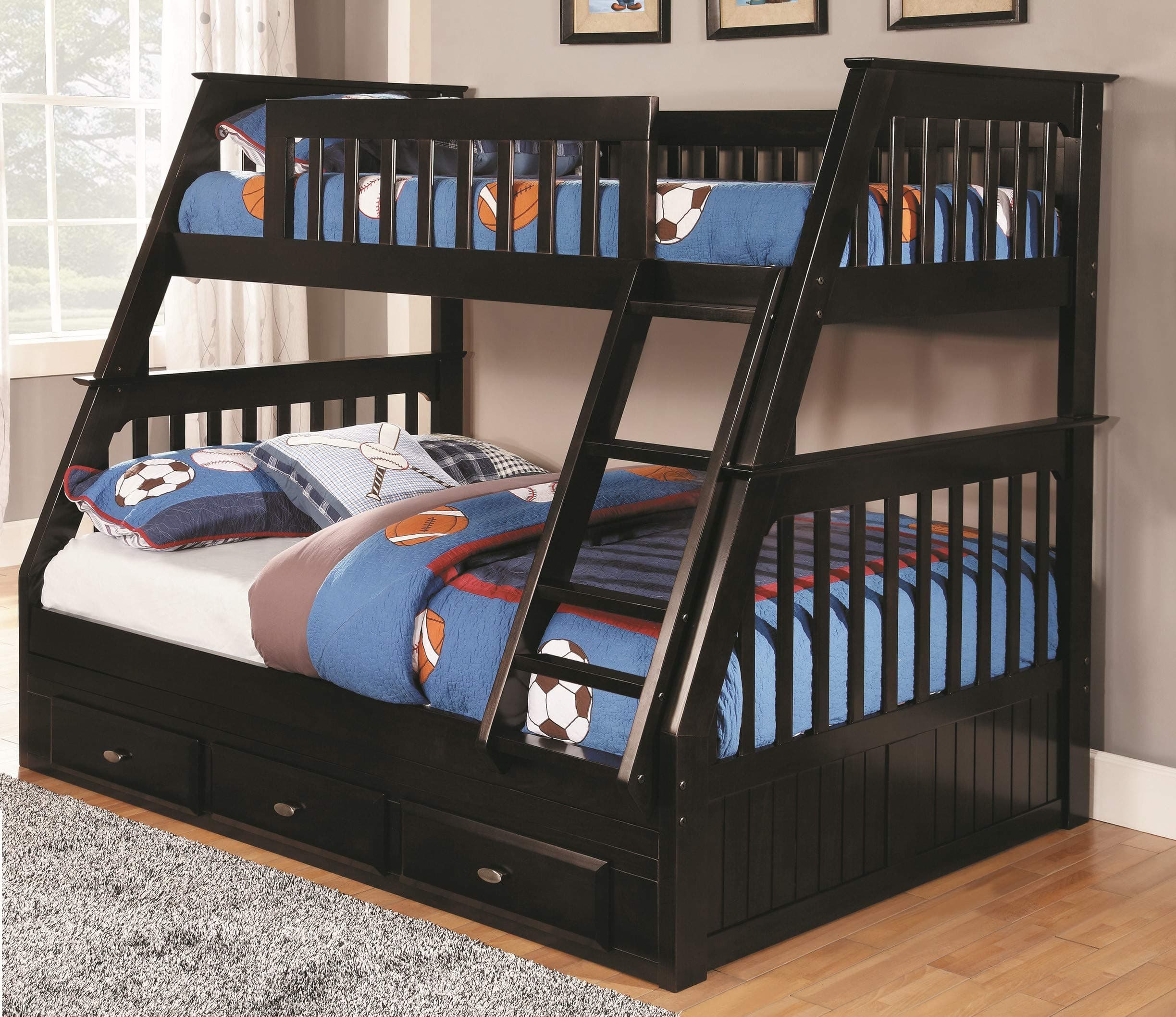 Discovery World Furniture Twin Over Full Bunk Bed with 3 Drawers, Desk, Hutch and Chair in Espresso Finish