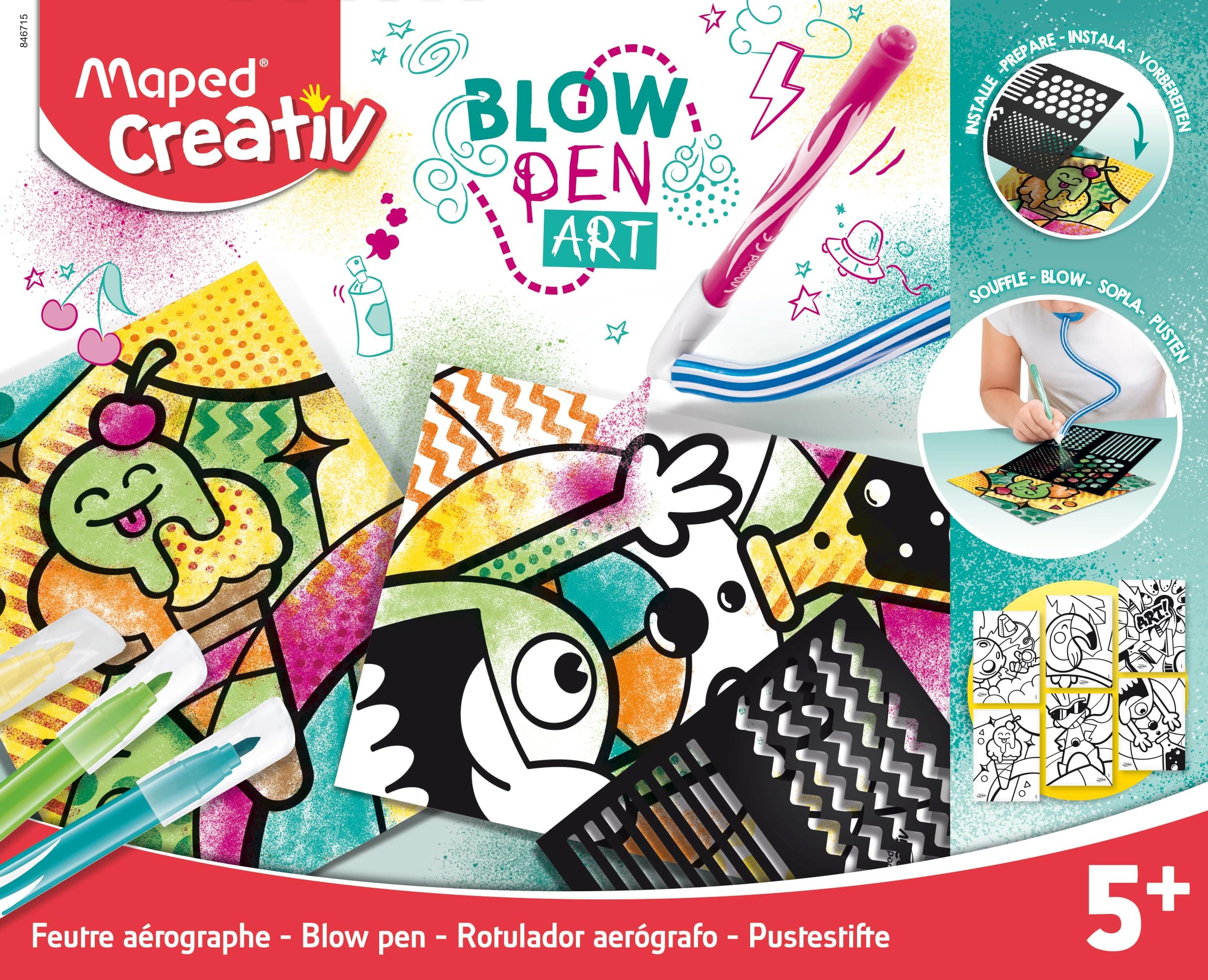 Maped Creativ Blow Art 14-piece kit with Stencils Creativ Blowpen Airbrush Art to Create Incredible Effects - Pop'Art Theme - Creative Activity for Kids from 5 years old