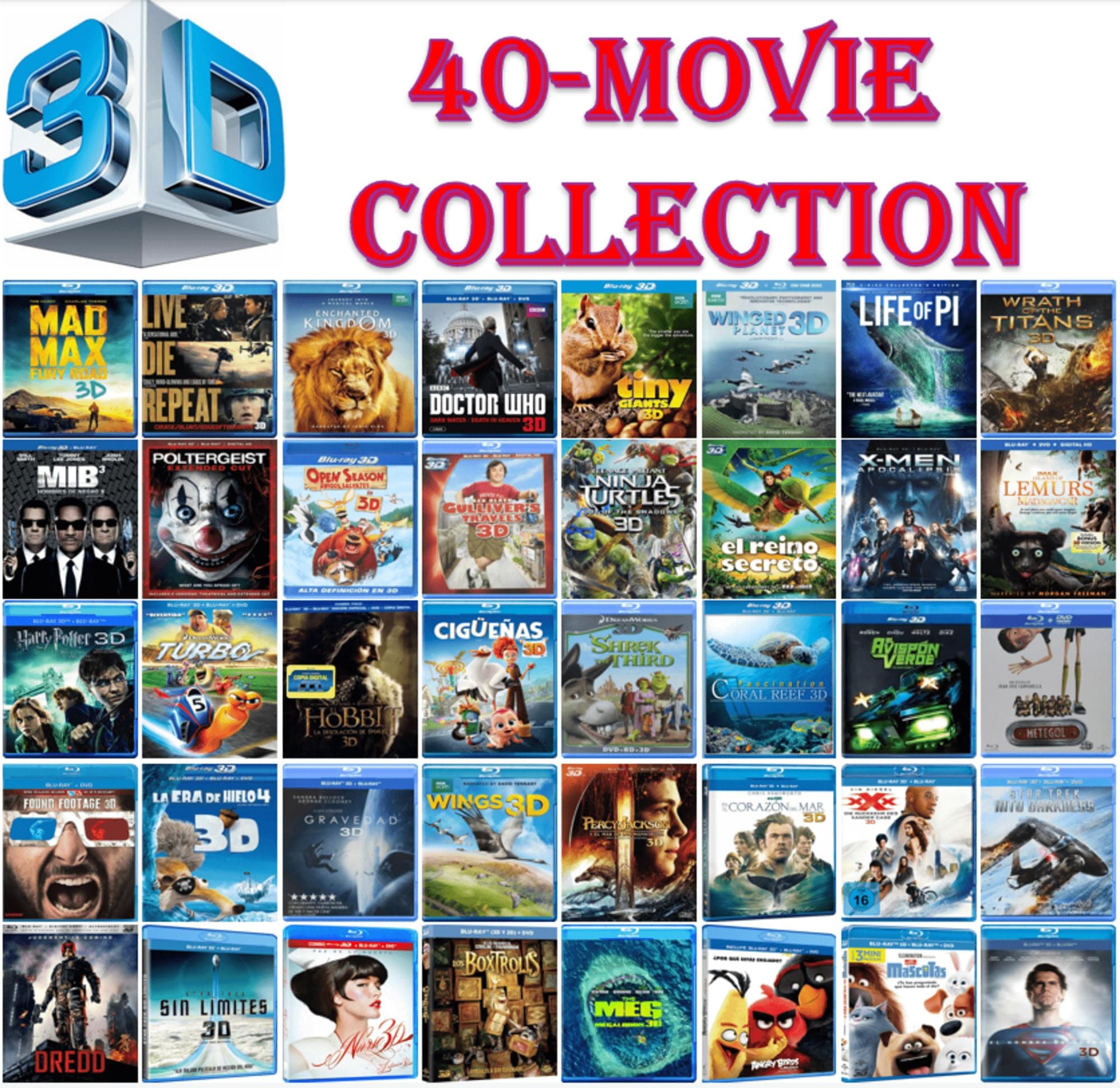 Ultimate 3D Movies Collection - 40 Movies on 3D: Kids/ Action/ Drama/ Horror/ Sci-Fi/ Nature[Man of Steel/ Life of Pi/ Harry Potter/ Hobbit/ Gravity/ Dress/ Mad Max/ Star Trek/ Meg/ X-Men][3D Blu-ray]