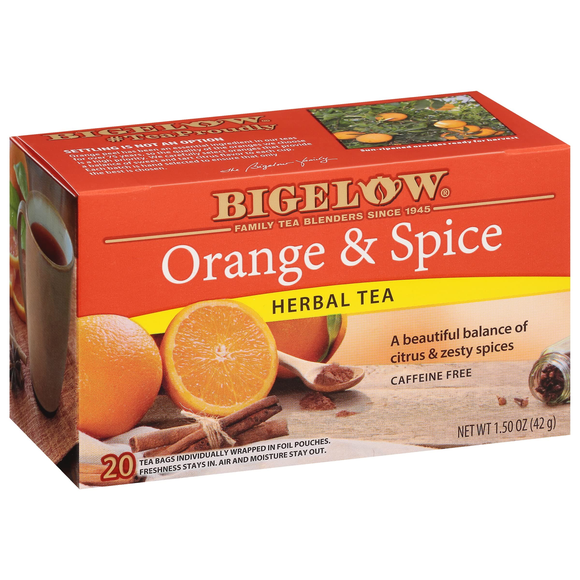 Bigelow Tea Orange & Spice Herbal Tea, Caffeine Free Tea with Orange and Herbs, 20 Count Box (Pack of 6), 120 Total Tea Bags