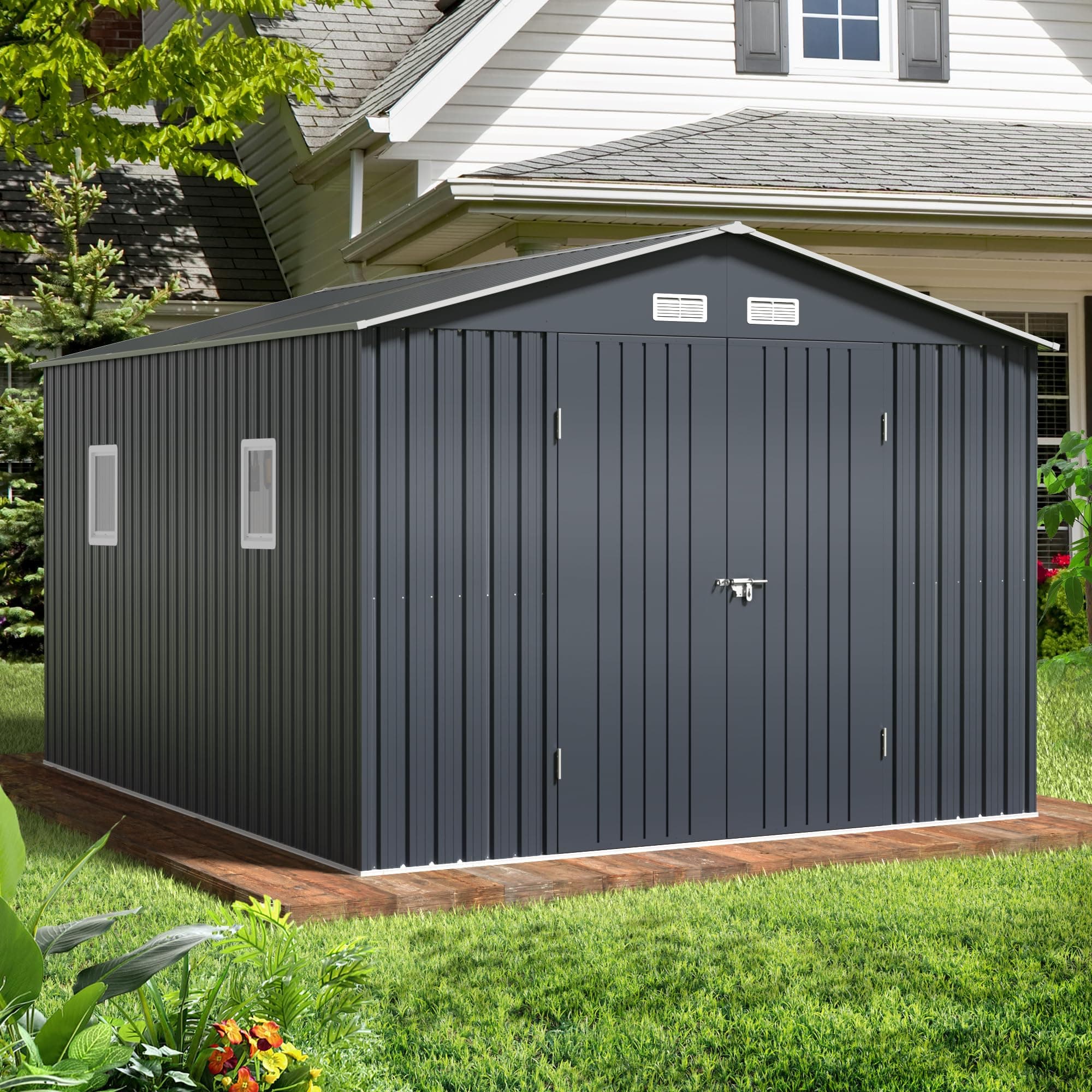 Breezz 10x12 FT Outdoor Storage Shed with Skylight Roof Panels, Metal Garden Tool Shed with Lockable Doors and Windows, Large Utility Shed for Patio Backyard Storage, Night Blue