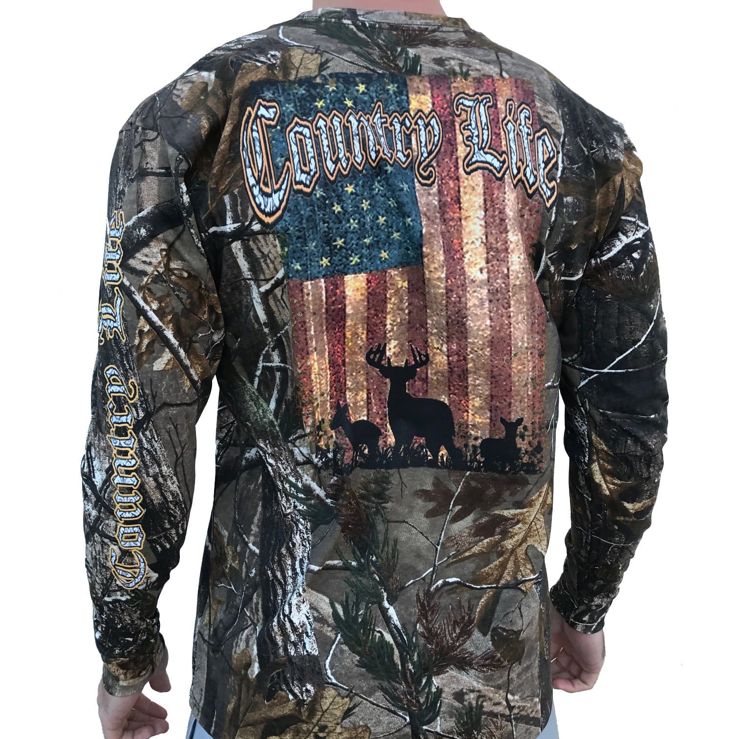 Country Life Deer American Flag Realtree Camo Long Sleeve Shirt