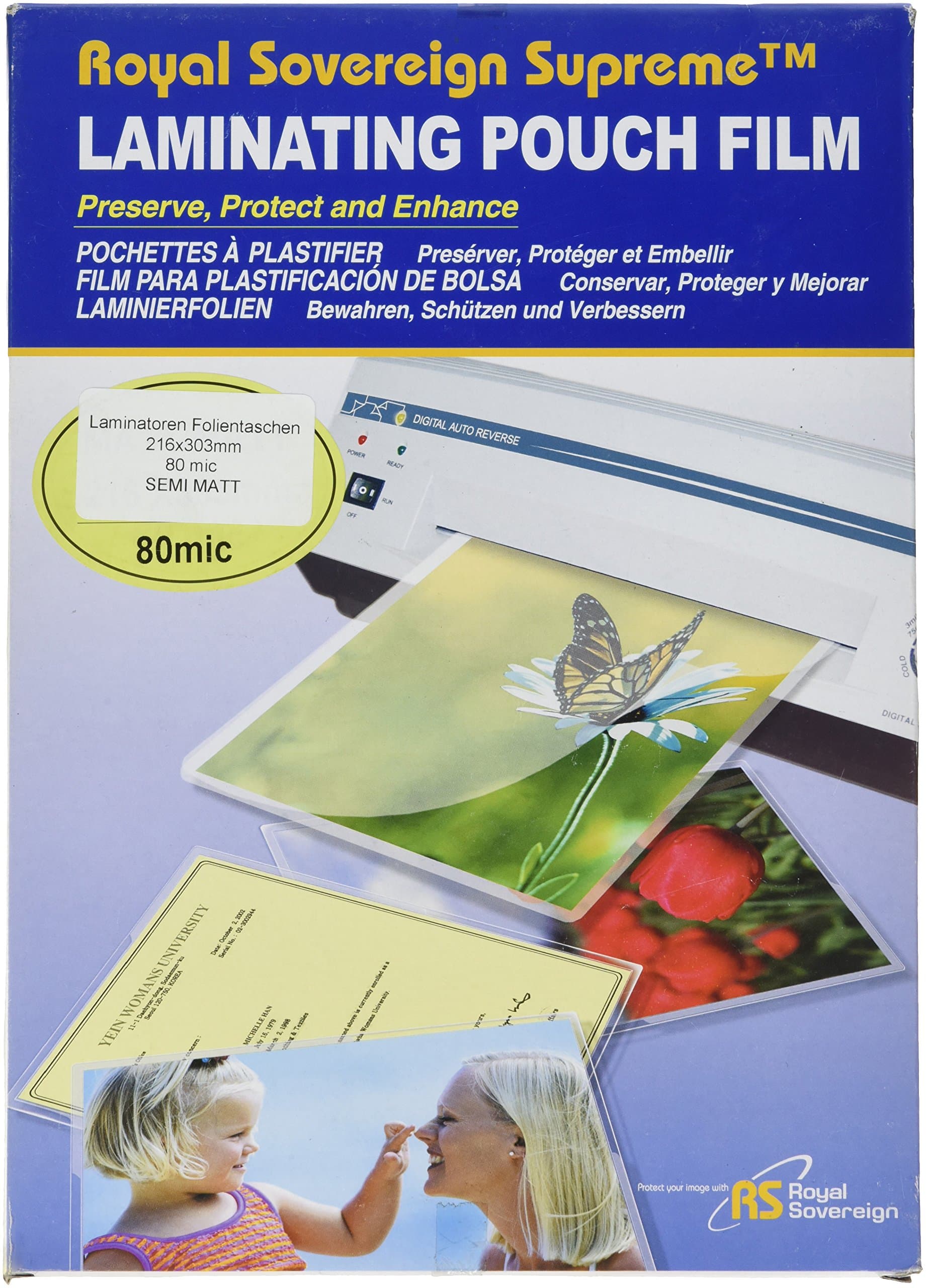 Royal Sovereign Supreme Ft A4 SATIN 80MS A4 216 x 303 mm, 2 x 80 Micron Laminating Pouches Pack of 100