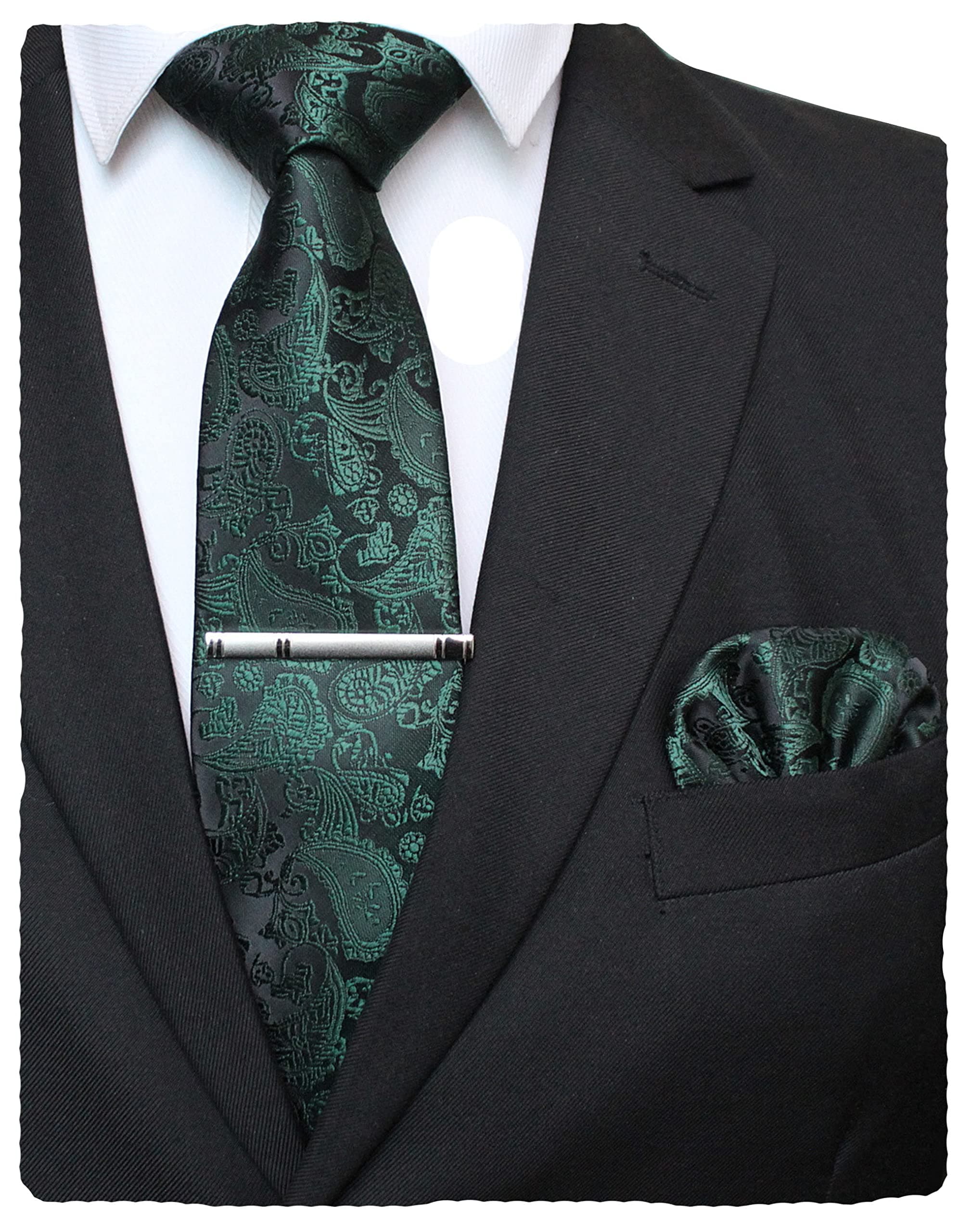 Mens Solid Color Paisley Necktie and Pocket Square with Tie Clip Sets