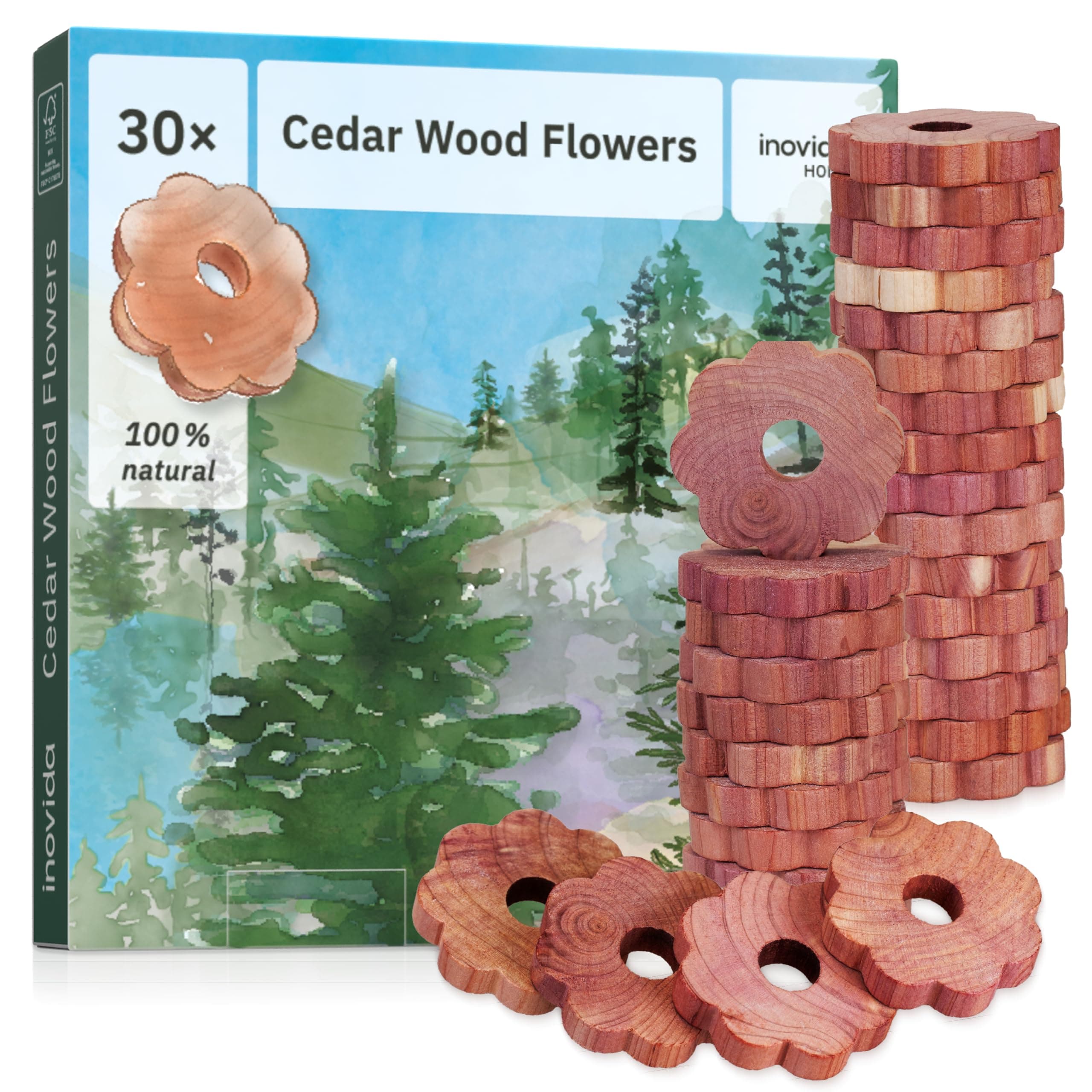 30 American Cedar Wood Rings – Stop Clothes Damage - Wardrobe Freshener – Premium American Cedarwood Flowers for Fresh Scent in Drawers and Closets - Cedar Clothes Hangers