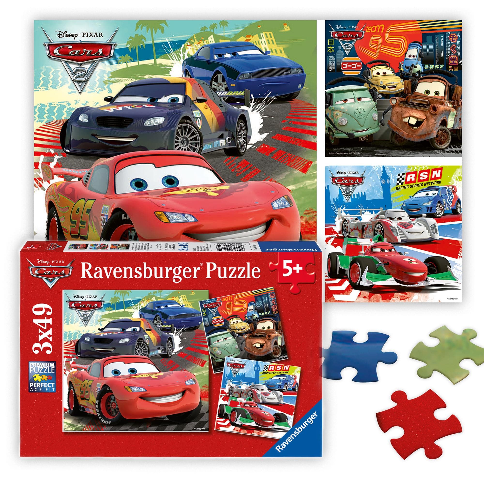 Ravensburger - Disney Cars: Worldwide Racing Fun - 49 Piece Jigsaw Puzzle 3 Pack Set - Lightning McQueen and More - Larger Pieces - Premium Quality - Ideal Gift - Screen-Free Fun - Children Age 5+