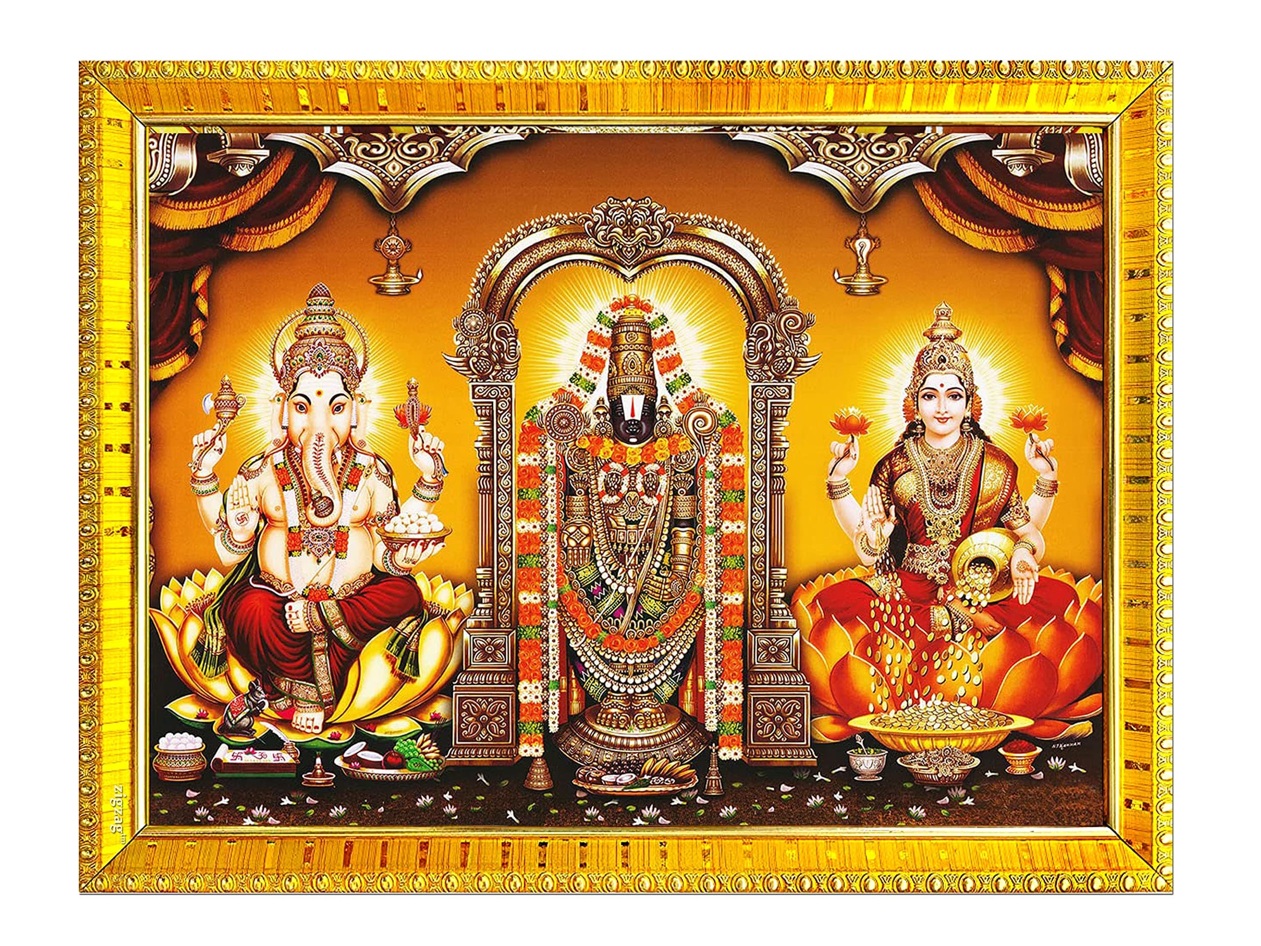 Tirupati Balaji Venkateshwara Swamy with Ganesha and Lakshmi Maata Photo Frame For Wall / Table / Pooja Room ( 7x9 inches, Acrylic Glass) Golden
