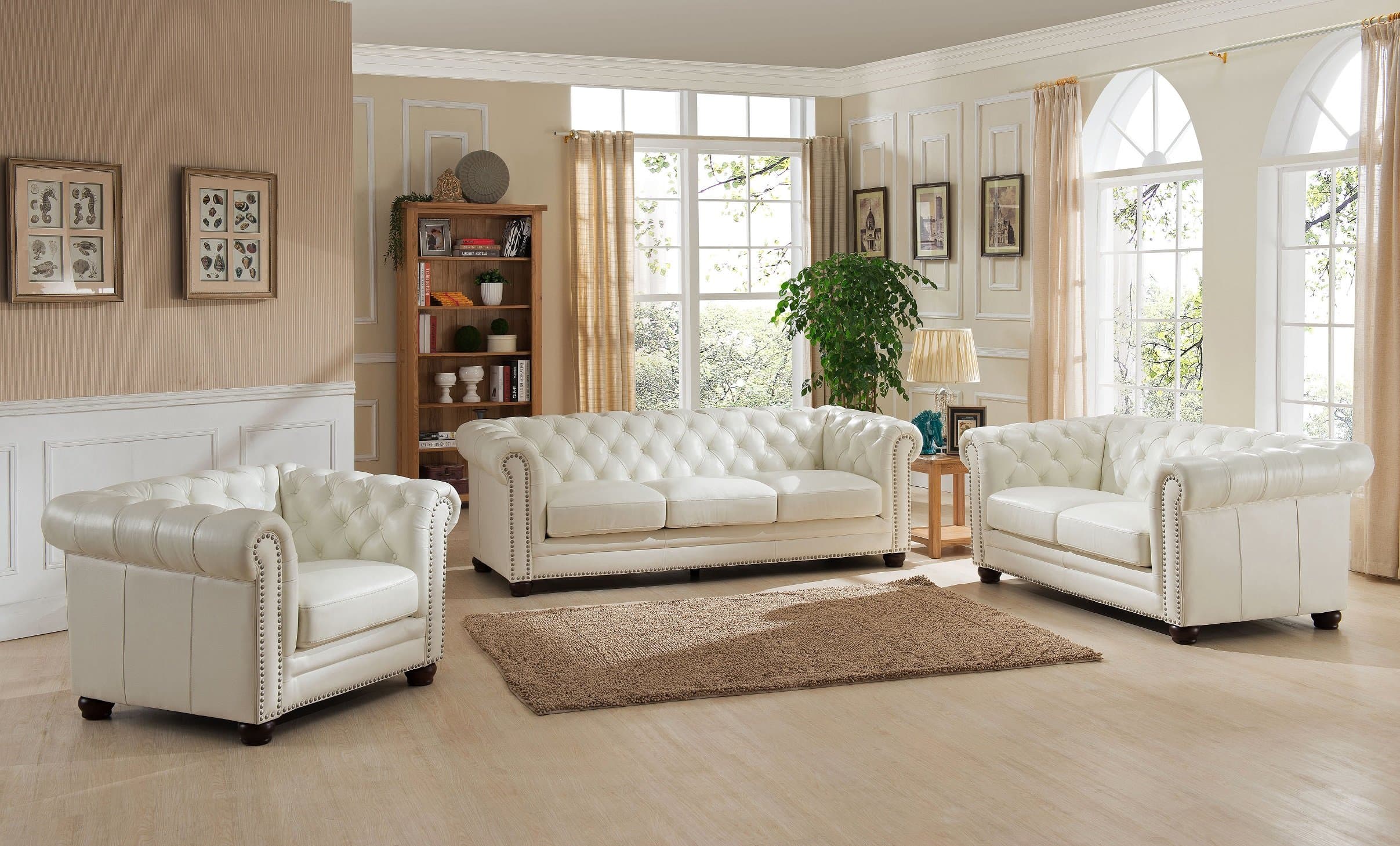 Hydeline Monaco 100% Leather 3 Piece Sofa Set, Pearl White