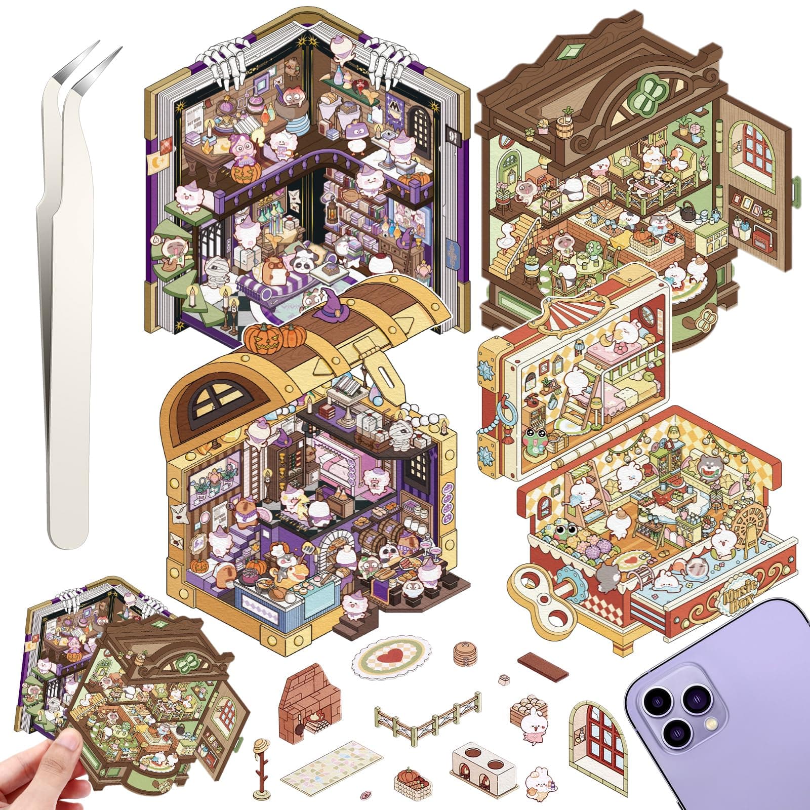 DIY 3D House Stickers, 4 Set Fun DIY Stickers Scene Make Your Own Warm Home, Supermarket, Coffee Shop, Music Bar, Cute 3D Cartoon Scene Stickers for Adult Kids Relief Stress Pass The Time (XM4.0)