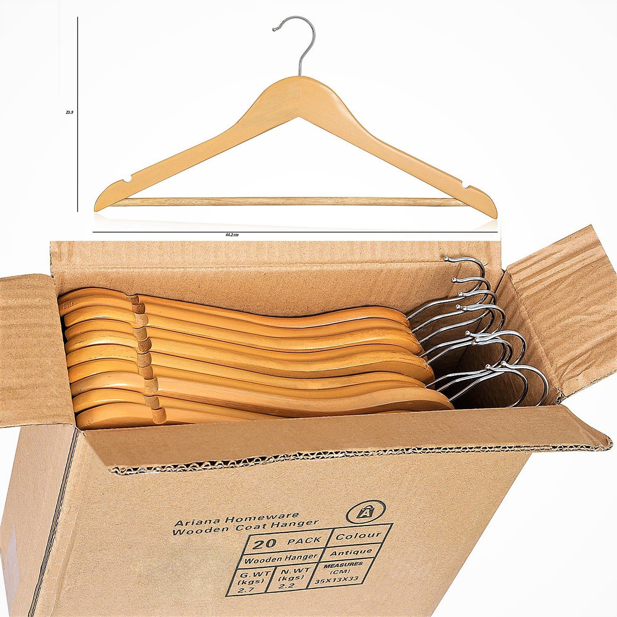 ARIANA HOMEWARE® Strong Wooden Clothes Hangers with 360° Rotating Hook, Shoulder Notches & Round Trouser Bar | Space Saving, Multifunctional | Natural Wood Wardrobe Organizer (Pack of 60)