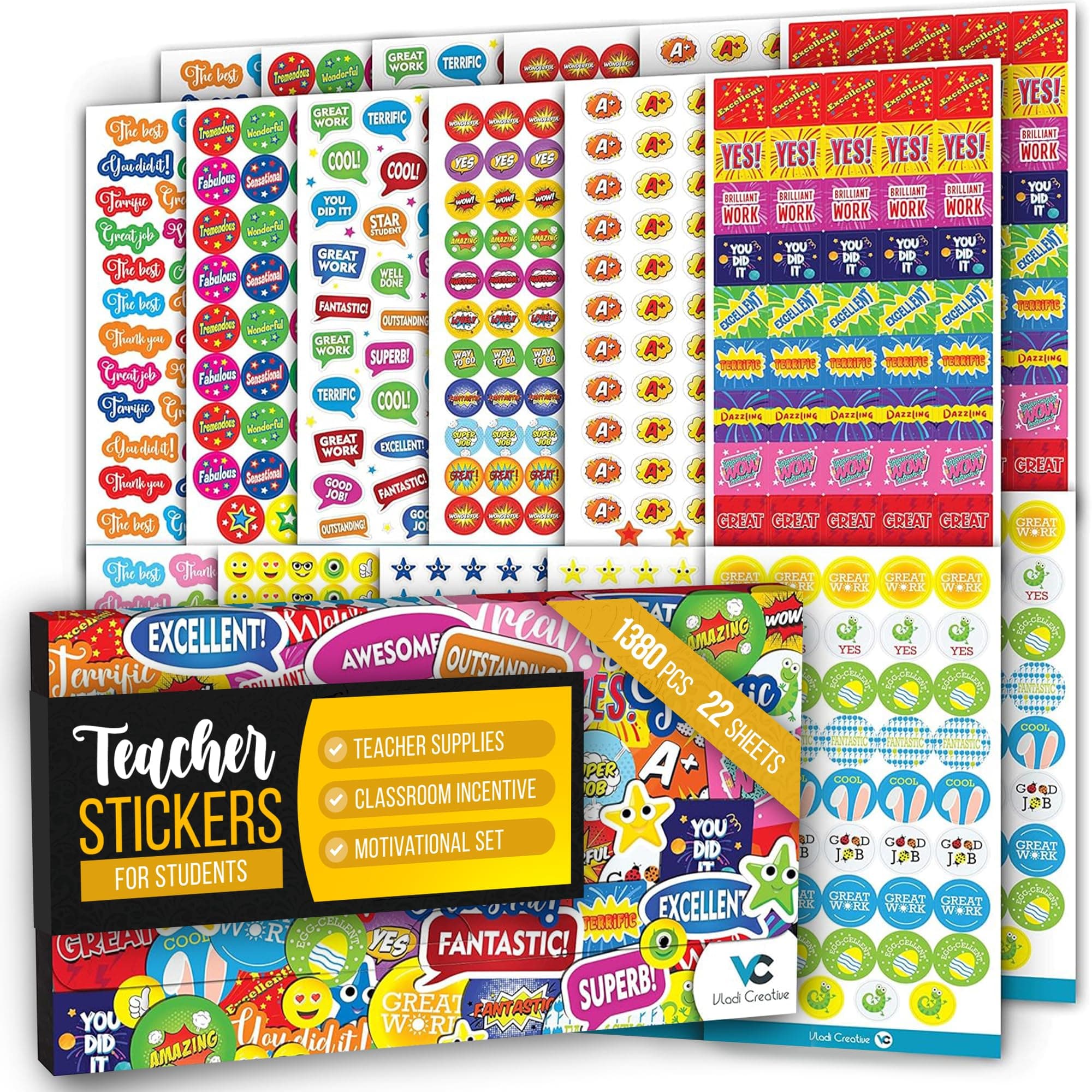 Vladi Creative Teacher Reward Stickers – 1380 pcs / 22 Sheets – Classroom & Homeschool Incentive Stickers Bulk – Colorful Motivational Set for Kids – Funny, Highly Detailed Designs – Premium Quality