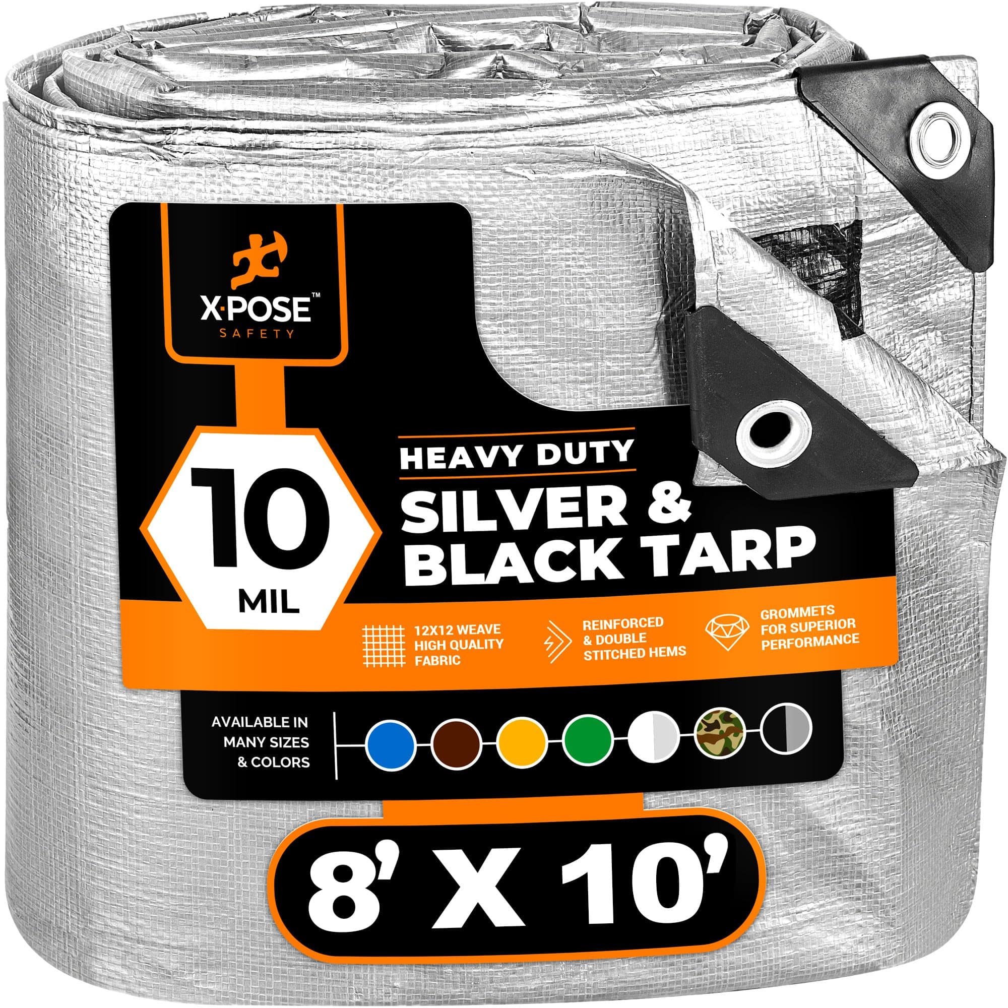 Heavy Duty Poly Tarp - 8' x 10' - 10 Mil Thick Waterproof, UV Blocking Protective Cover - Reversible Silver and Black - Laminated Coating - Grommets - by Xpose Safety