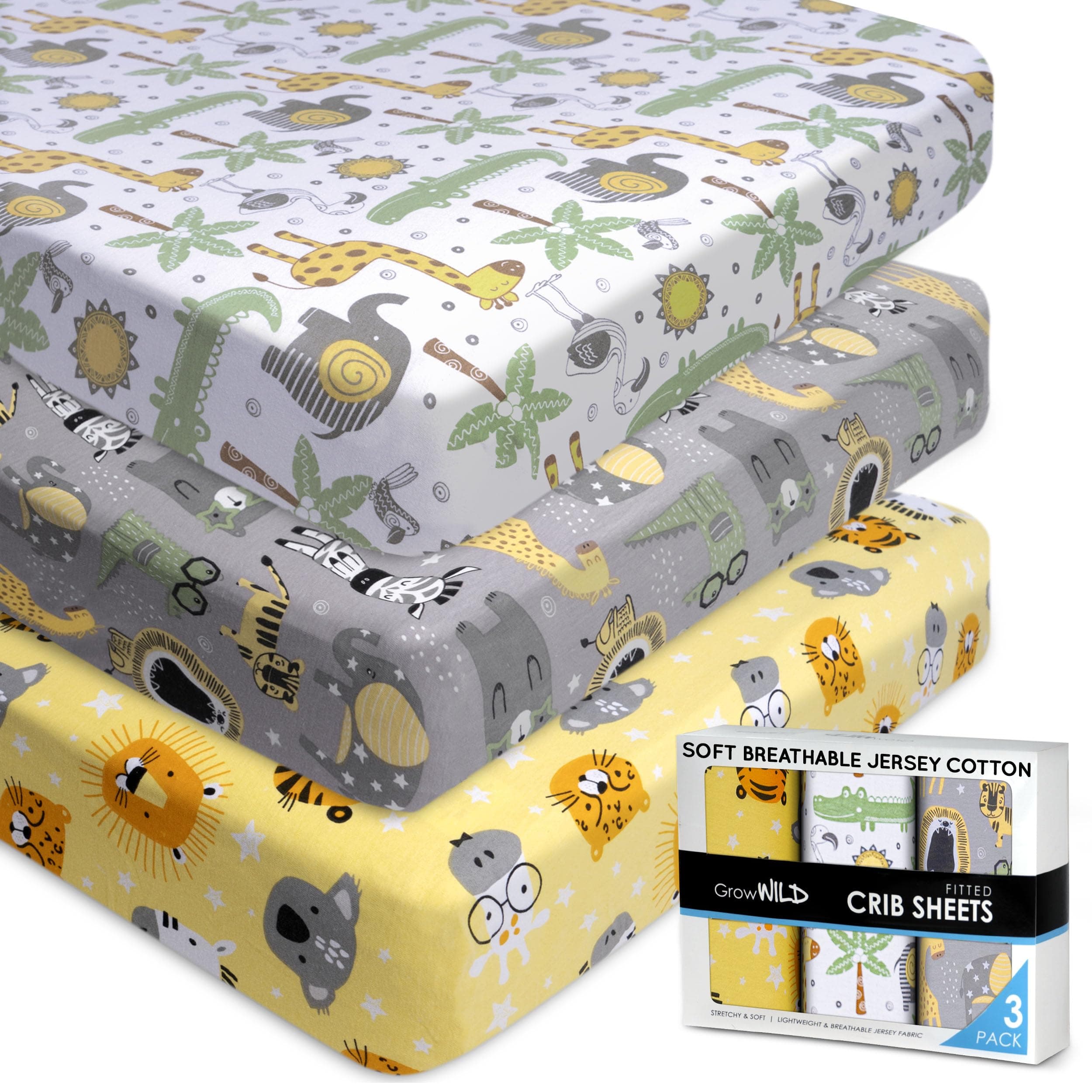 Fitted Nautical Crib Sheets (3 Pack) by GROW WILD - Jersey Knit Cotton Crib Sheet for Boys, Toddler Bed Mattress & Baby Boy Crib Bedding Set, 52” x 28” x 9” Crib Sheets (Safari Animals)