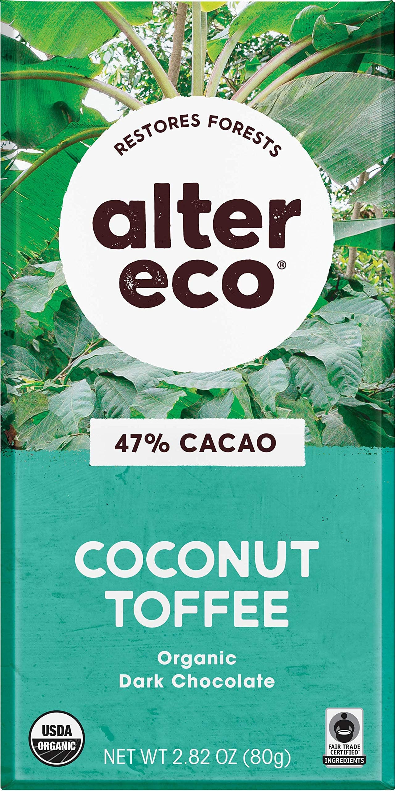 Alter EcoFoods Organic Chocolate Bar - Dark Coconut Toffee - 47% Cacao - Case of 12USDA Organic