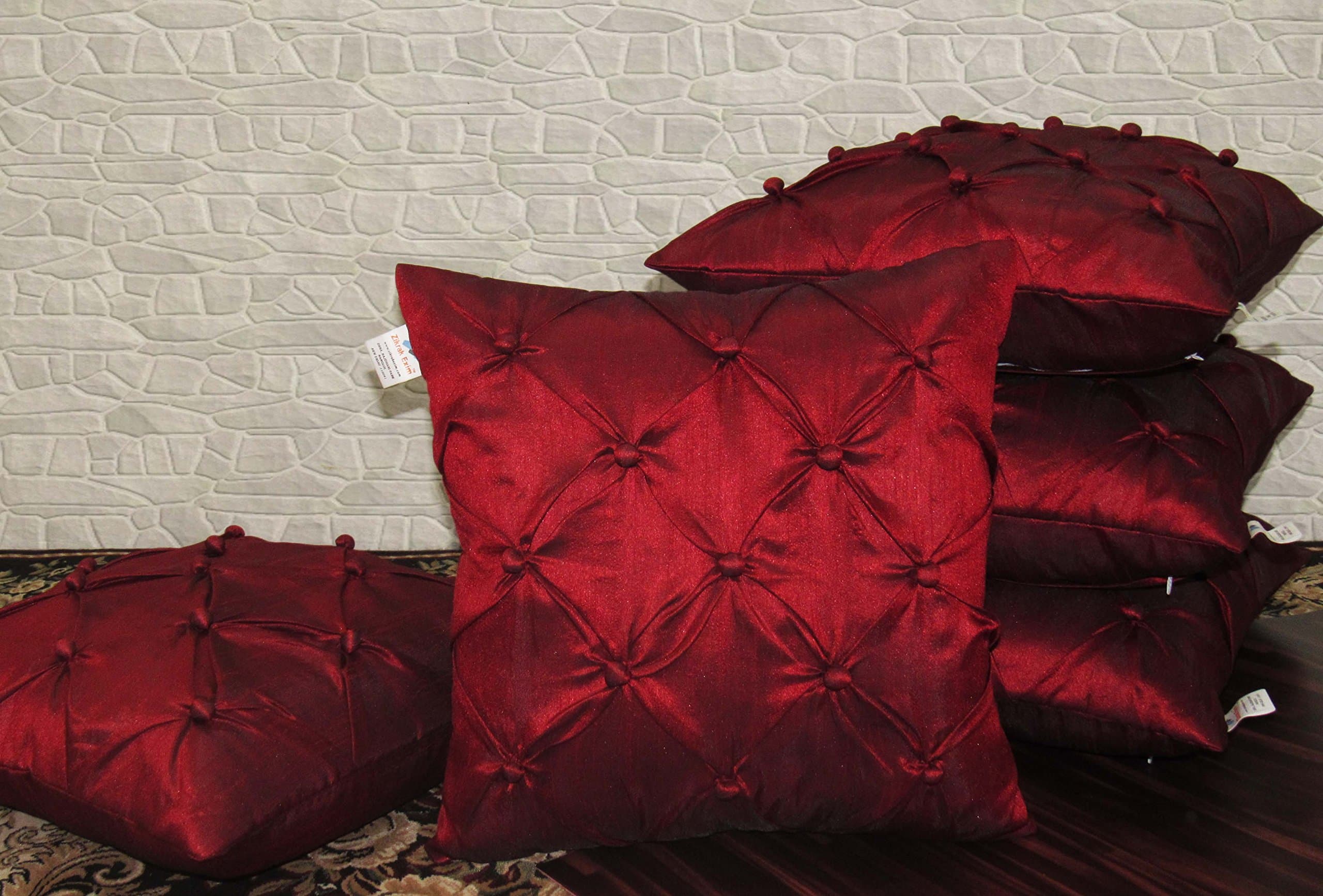 Zikrak Exim Poly Dupion 150TC Cushion Covers,16 x 16 inch- Red, Maroon, Set of 5