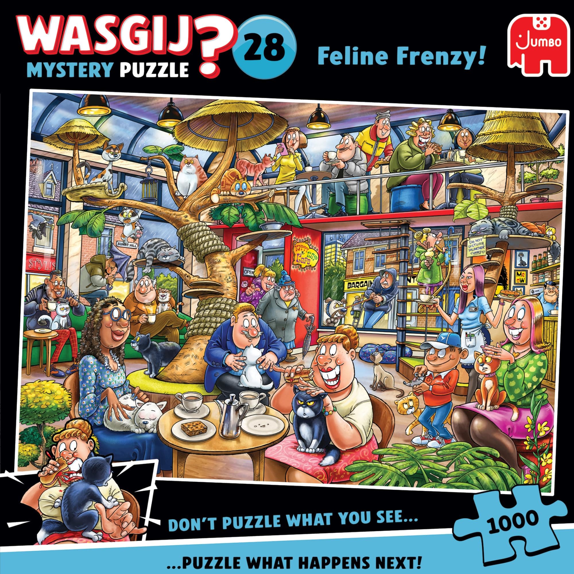 Mystery 28, Feline Frenzy - Unique 1000 Piece Jigsaw Puzzles for Adults, Colourful, Challenging and Brainteasing, 1000 Pieces, 100% Recycled Cardboard, Jumbo