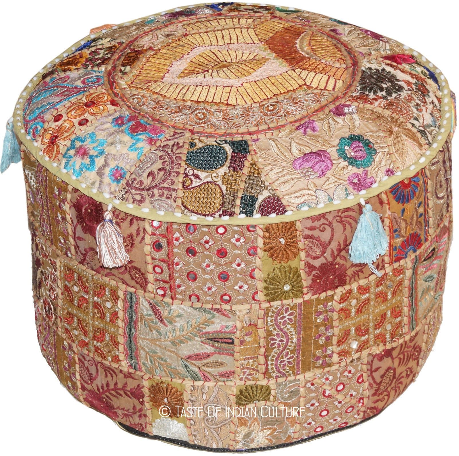 Khaki 22" Round Ottoman Pouf Stool Chair Seating Pouffe India Bohemian Decor Xl