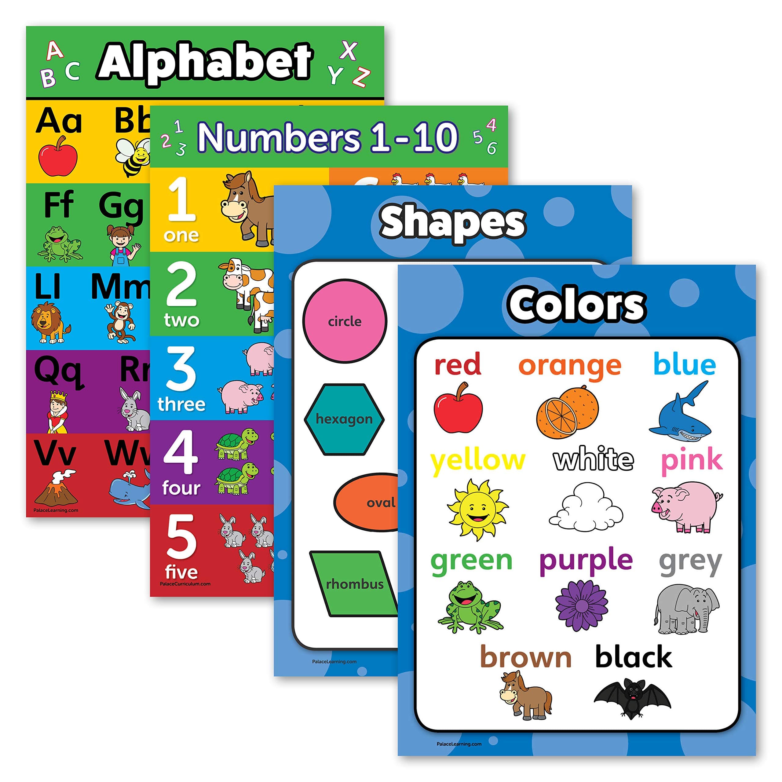 4 Pack - ABC Alphabet + Numbers 1-10 + Shapes + Color Poster Set - Early Learning Chart (Laminated, 18" x 24")