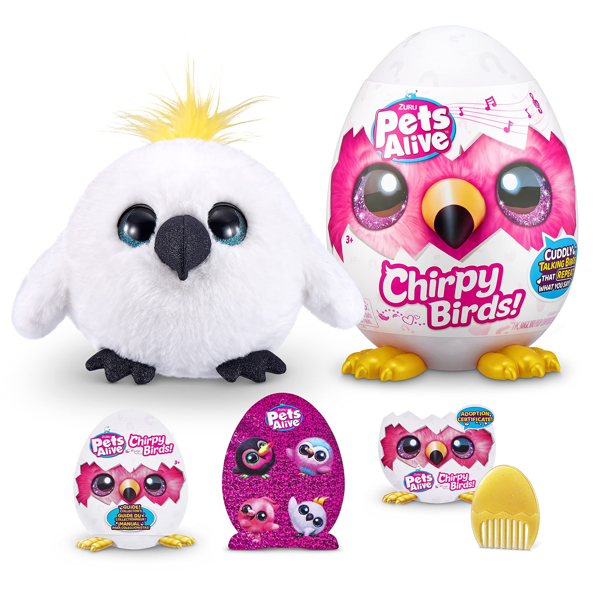 Chirpy Birds (White Cockatoo) by ZURU, Electronic Pet That Speaks, Giant Surprise Egg, Stickers, Comb, Fluffy Clay, Bird Animal Plush for Girls