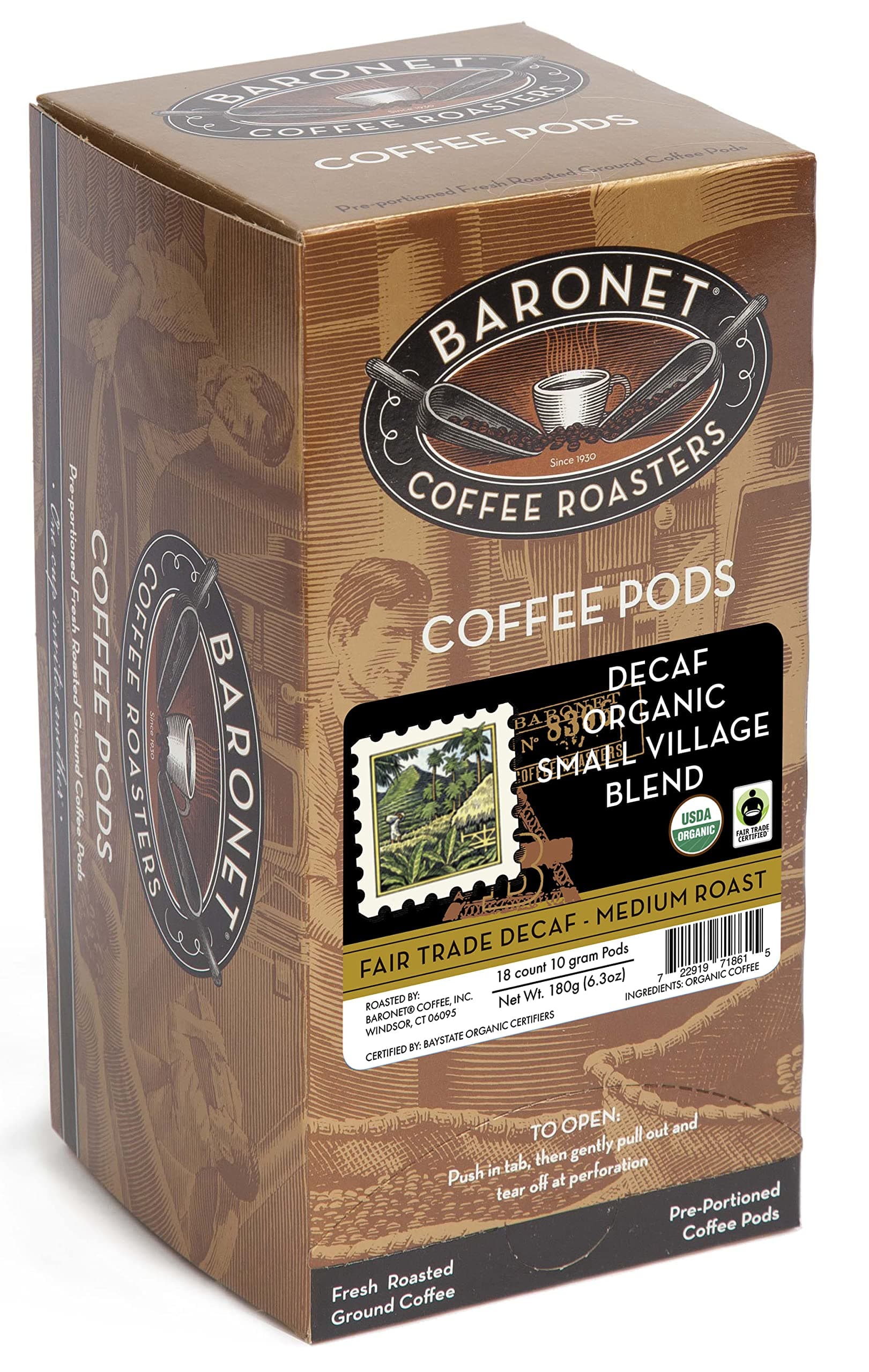Baronet Coffee Pods [DECAF Organic Small Village-54 Pods] Single Cup Use, Like Senseo [3 Boxes of 18 Single Serve 10 Gram] Regular Strength, Med Roast [Decaf Org Sml Vil]