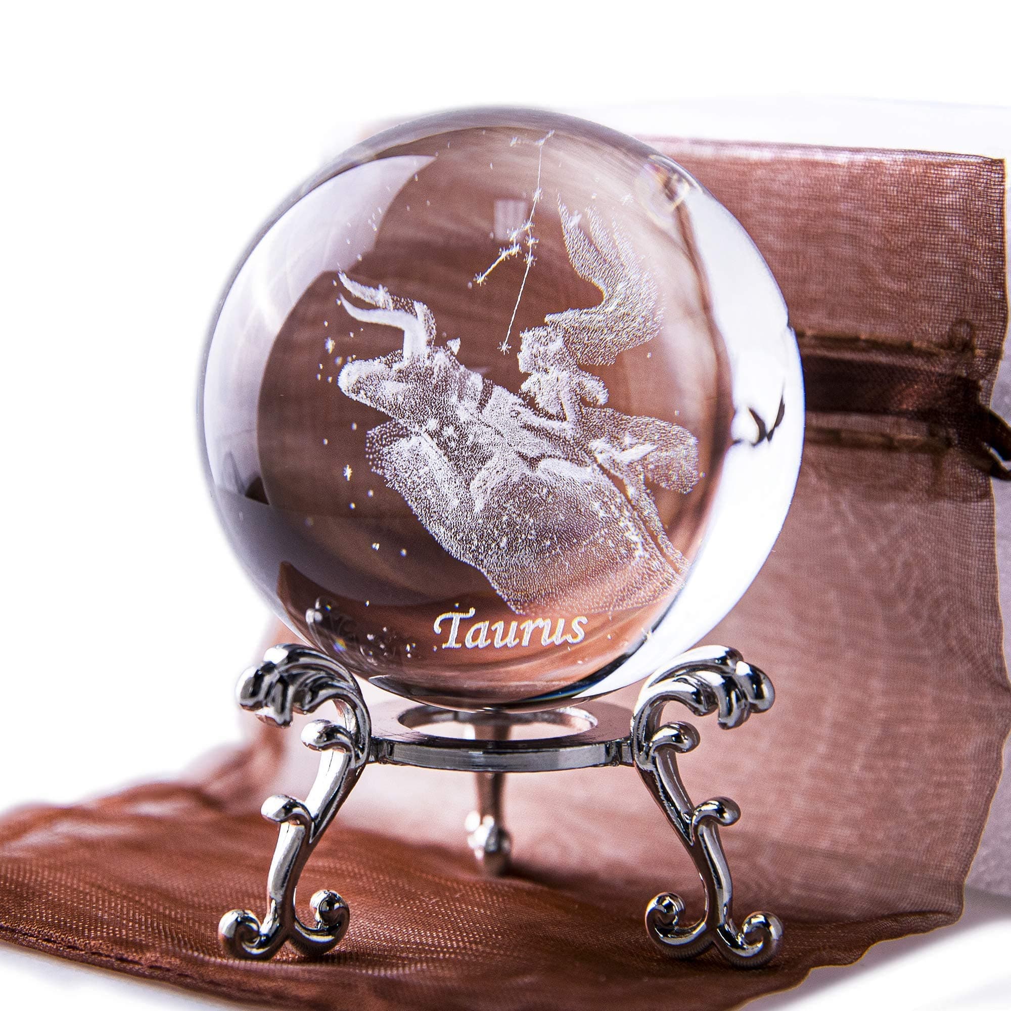 3D Laser Constellation Crystal Ball Crystal Paperweight Full Sphere Glass Fengshui with Sliver-Plated Flowering Stand(Taurus)