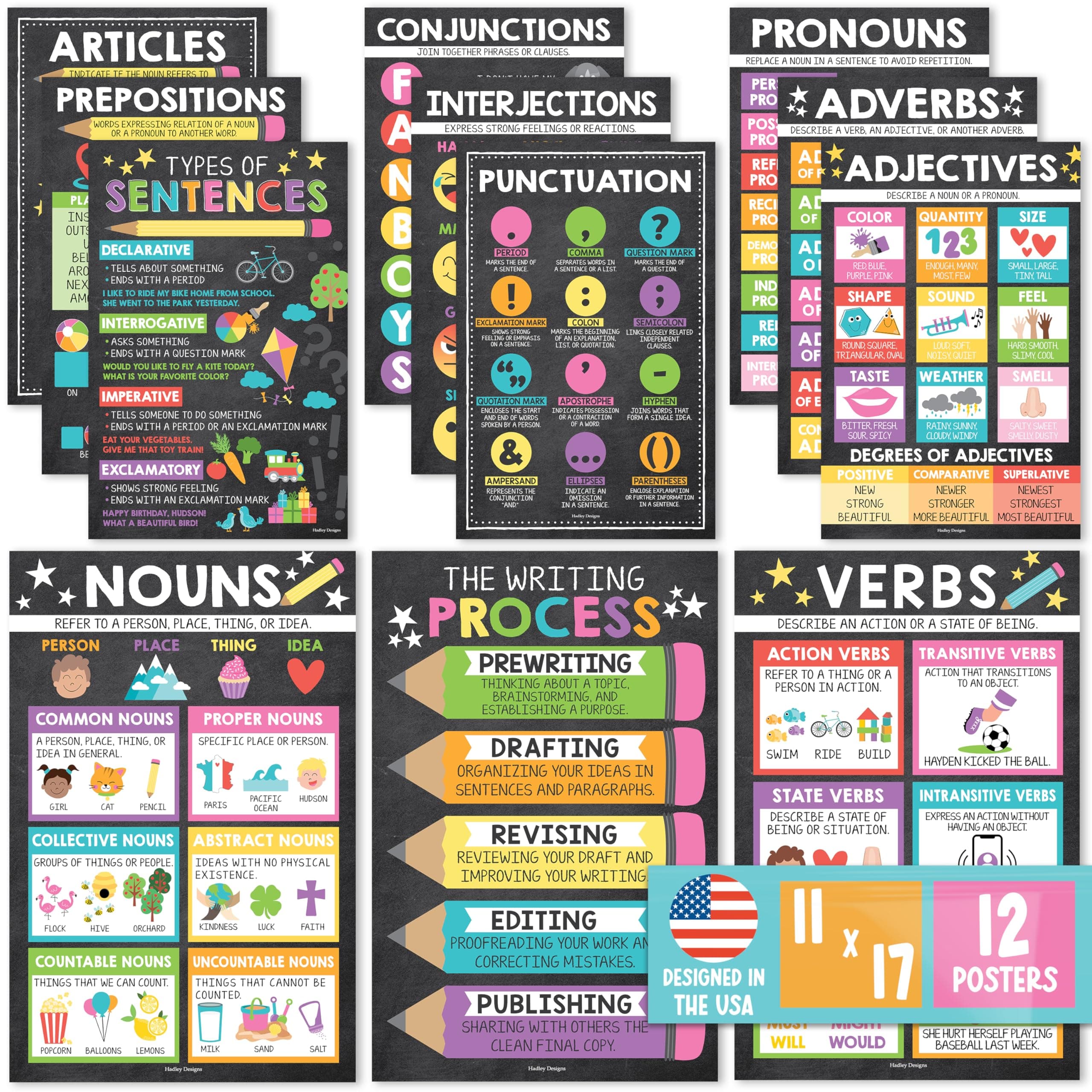 Hadley Designs 12 Chalkboard Parts of Speech Posters for Elementary Classroom - Grammar Posters for Language Arts