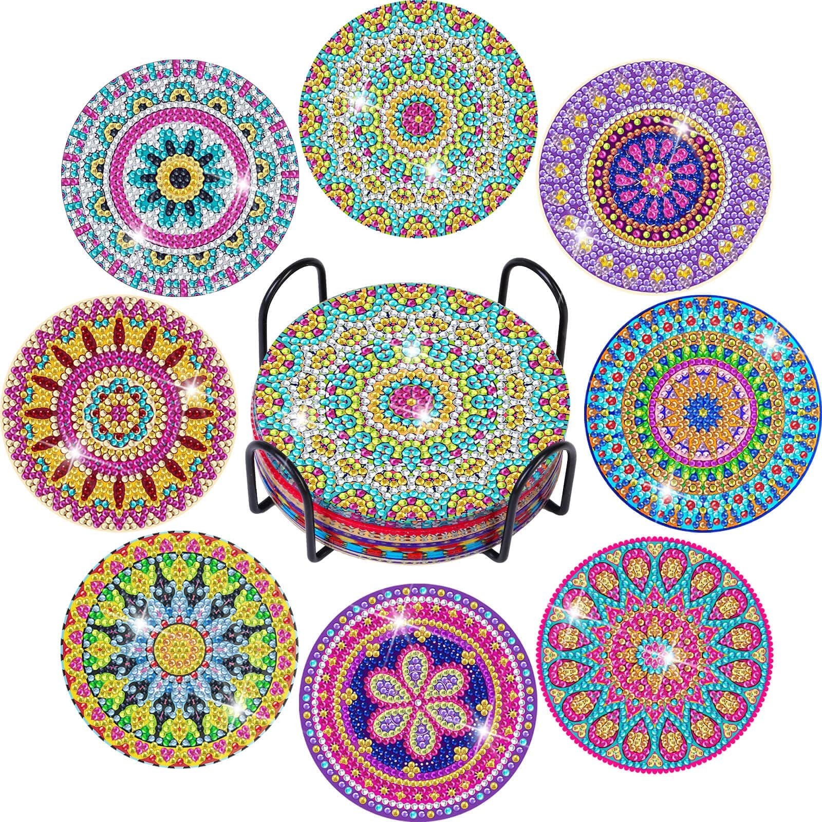 Billbotk Diamond Painting Coasters Kit, 8 Pieces Mandala with Holder, DIY Art for Beginners, Kids